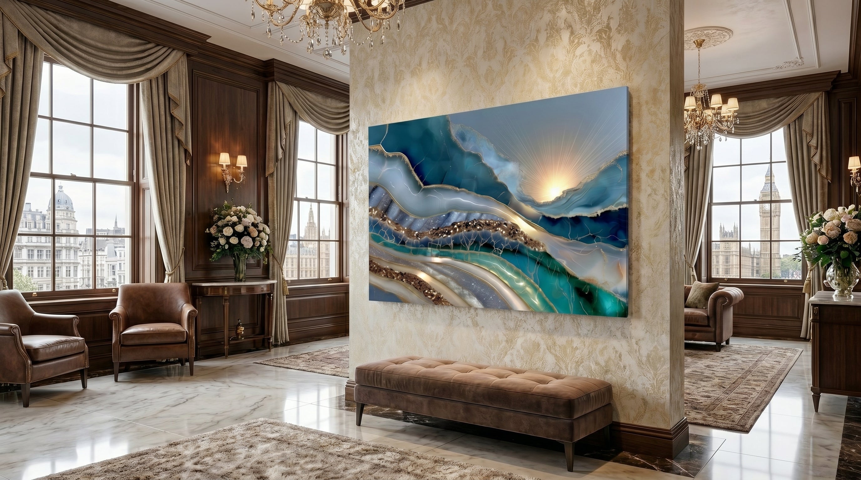 Luxury interior featuring a large abstract azure crystal acrylic wall artwork.