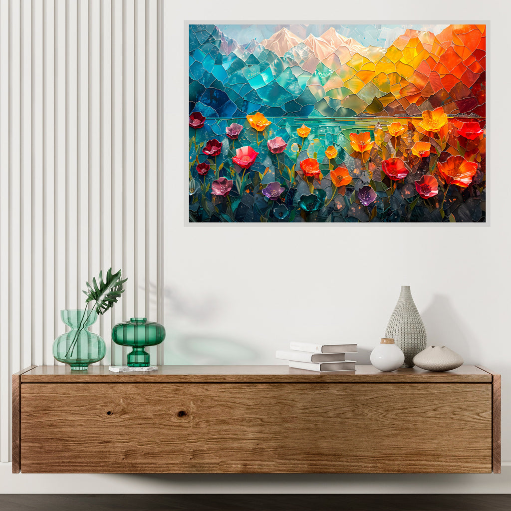 Mountain Blossoms AcrylGlass Wall Art: Luminous Alpine Landscape