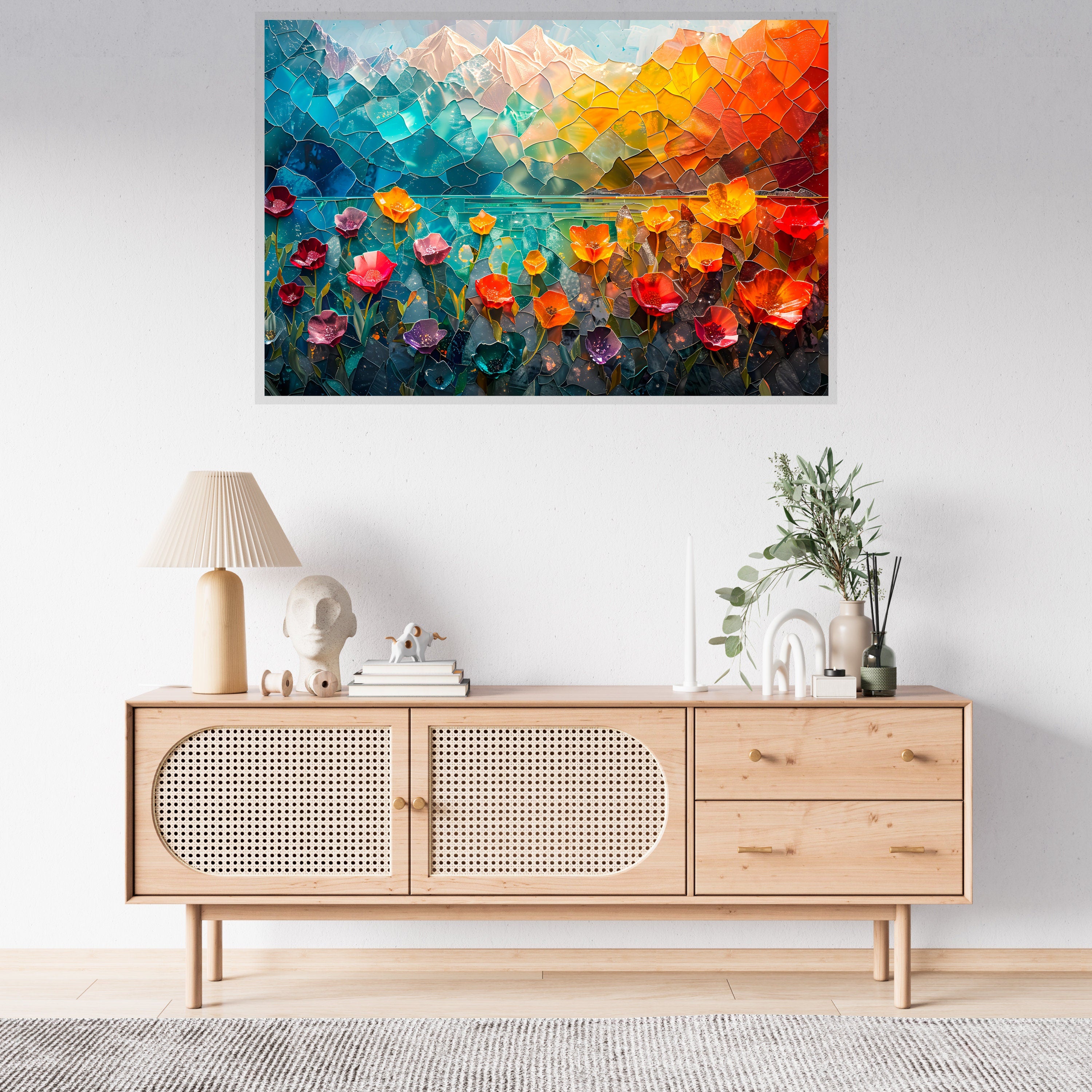 Mountain Blossoms AcrylGlass Wall Art: Luminous Alpine Landscape