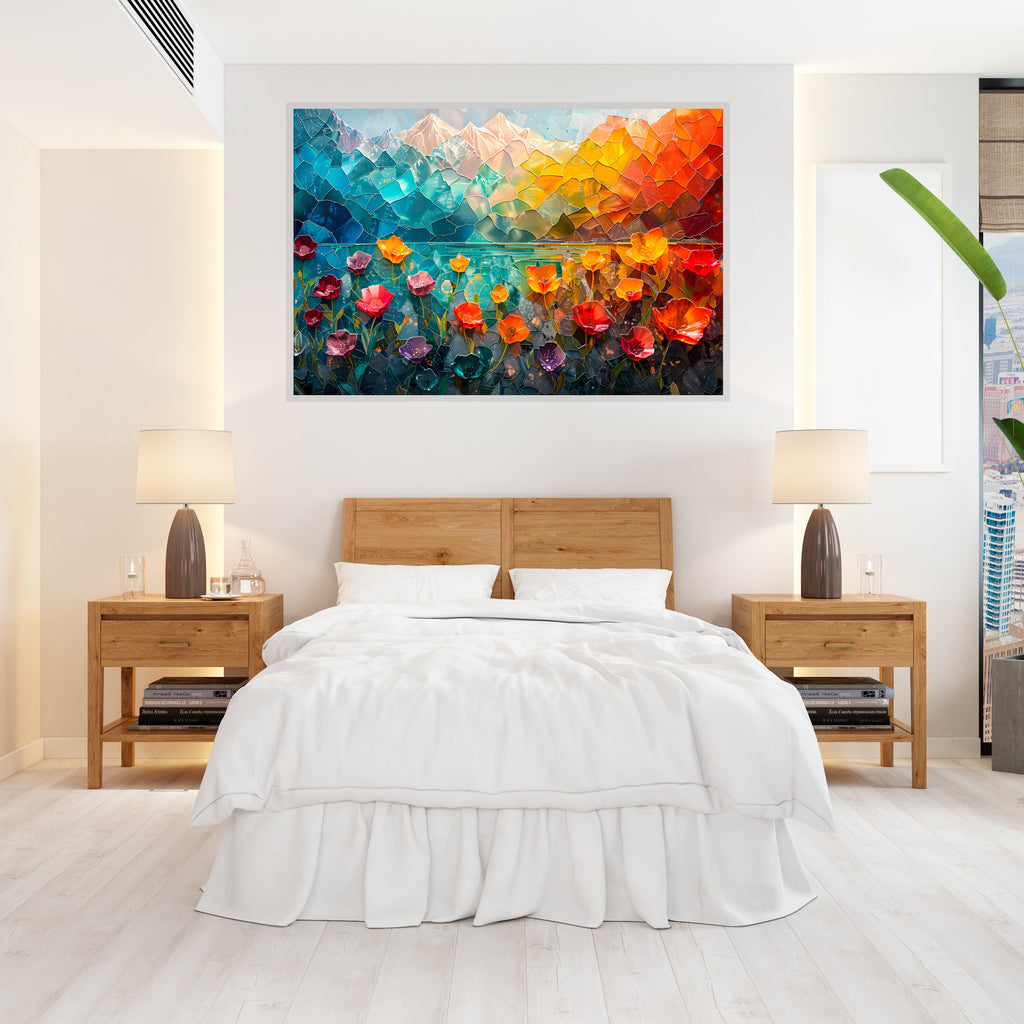 Mountain Blossoms AcrylGlass Wall Art: Luminous Alpine Landscape