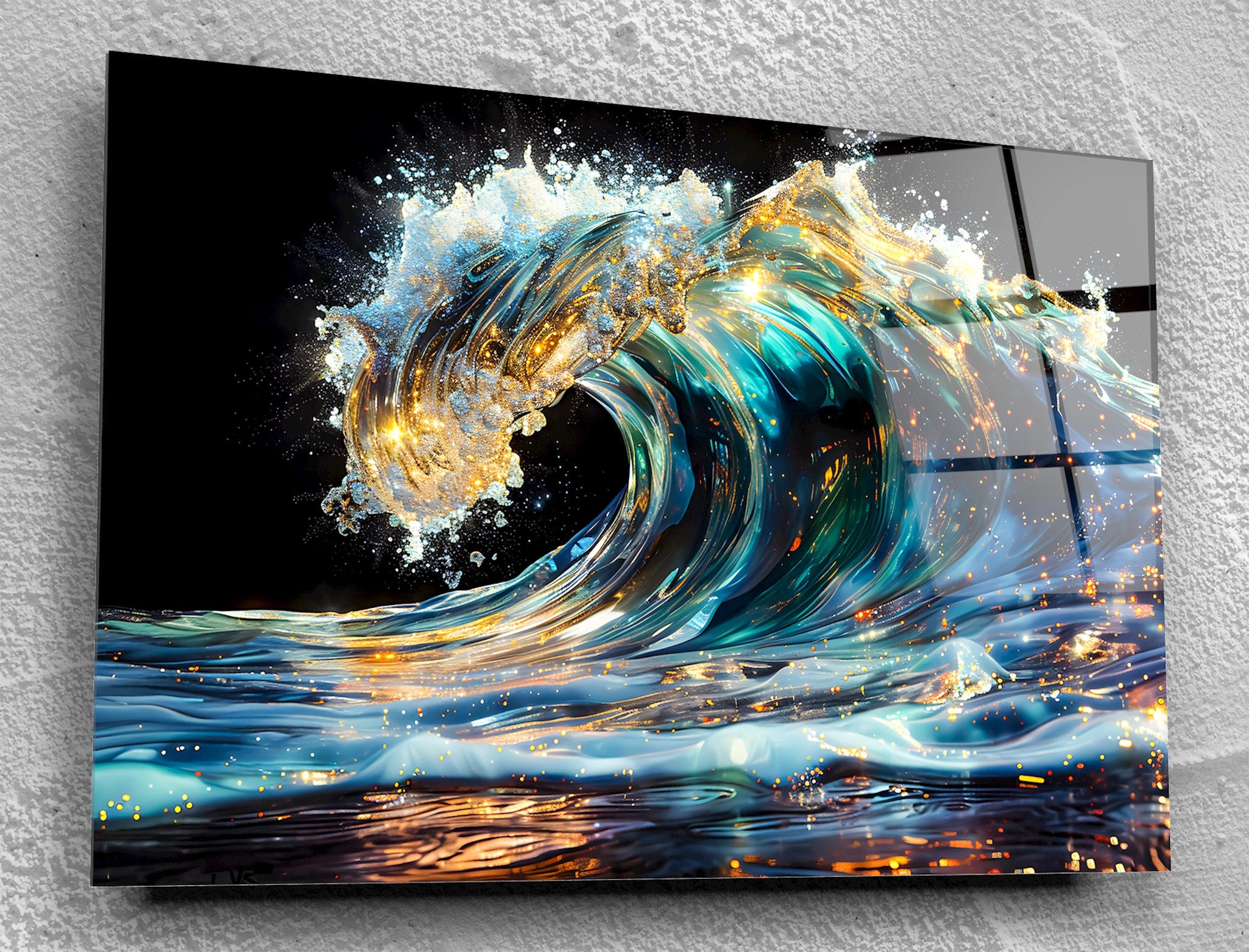 Auralith Wave Crystal AcrylGlass Wall Art, Luxury Ocean Wall Decor, Blue Gold Coastal Artwork
