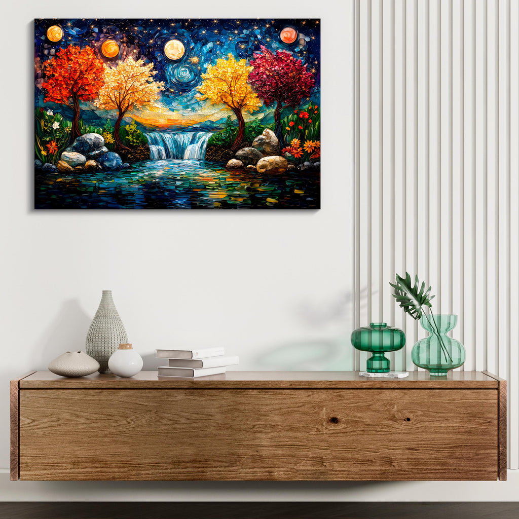 Four Seasons Mosaic Wall Art: 3D Acrylglass Waterfall Landscape