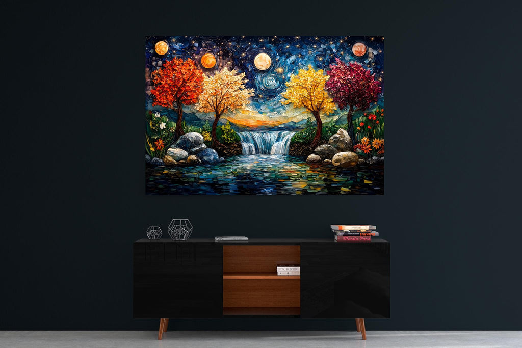 Four Seasons Mosaic Wall Art: 3D Acrylglass Waterfall Landscape