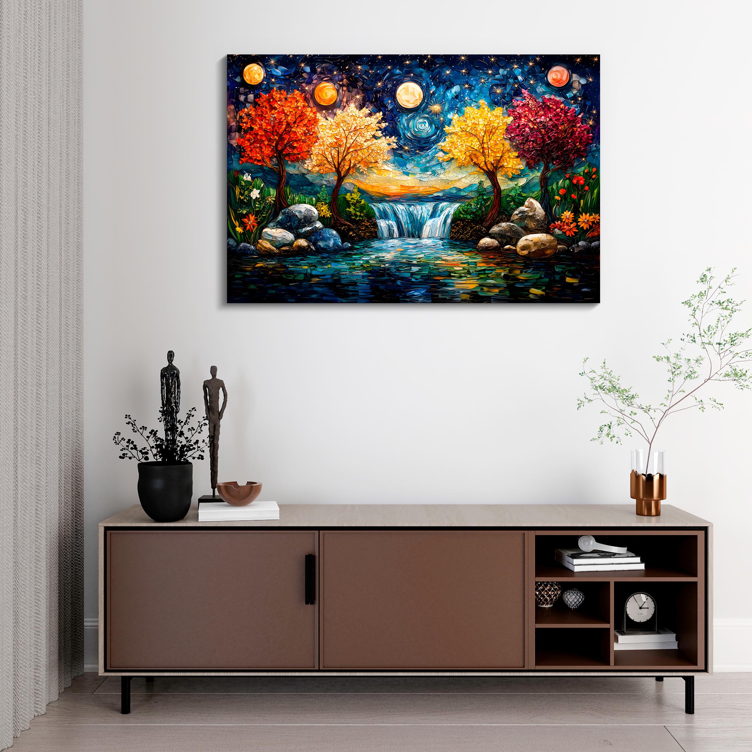 Four Seasons Mosaic Wall Art: 3D Acrylglass Waterfall Landscape