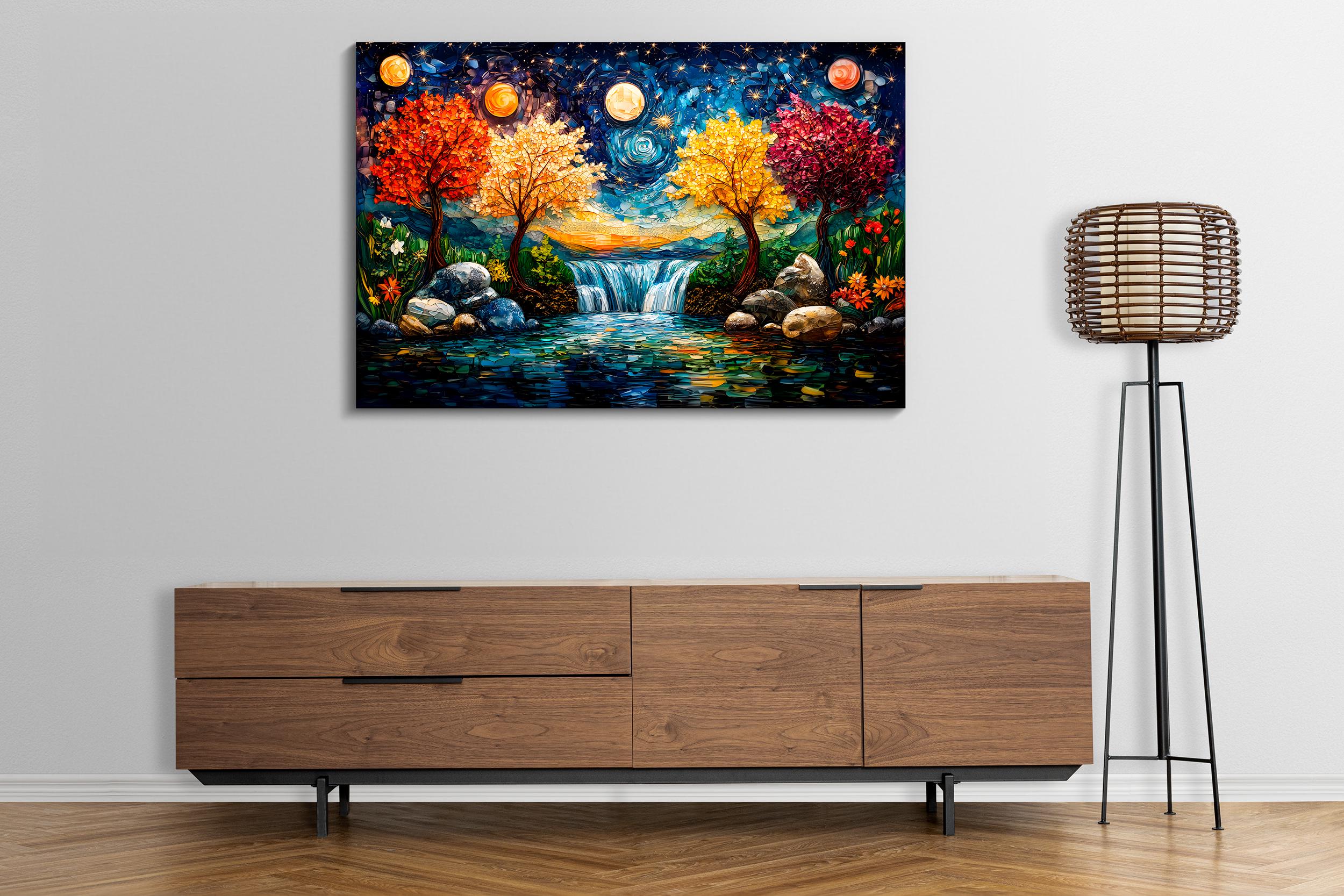 Four Seasons Mosaic Wall Art: 3D Acrylglass Waterfall Landscape