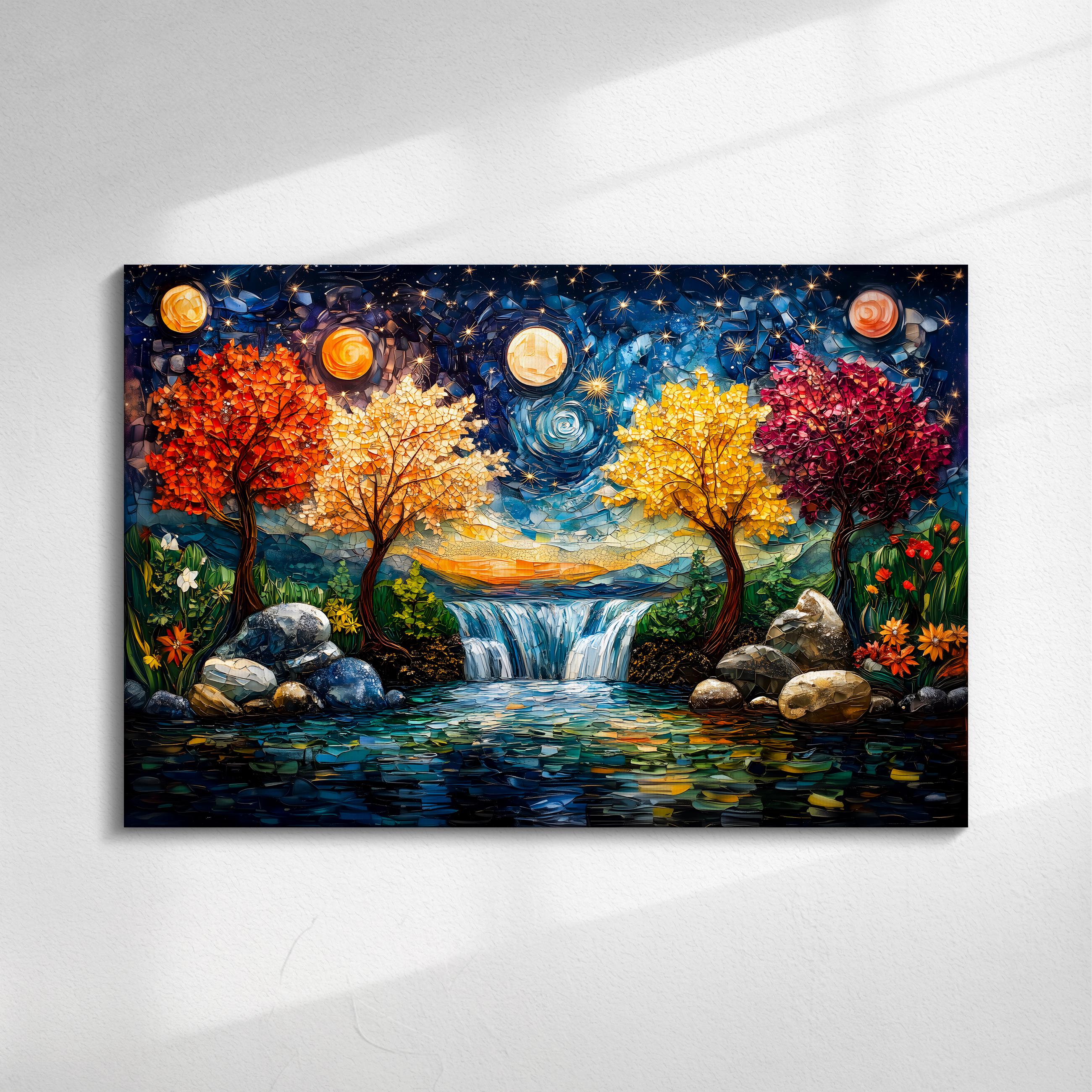 Four Seasons Mosaic Wall Art: 3D Acrylglass Waterfall Landscape