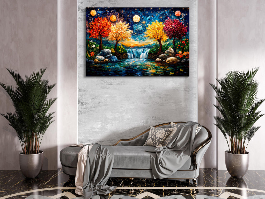 Four Seasons Mosaic Wall Art: 3D Acrylglass Waterfall Landscape