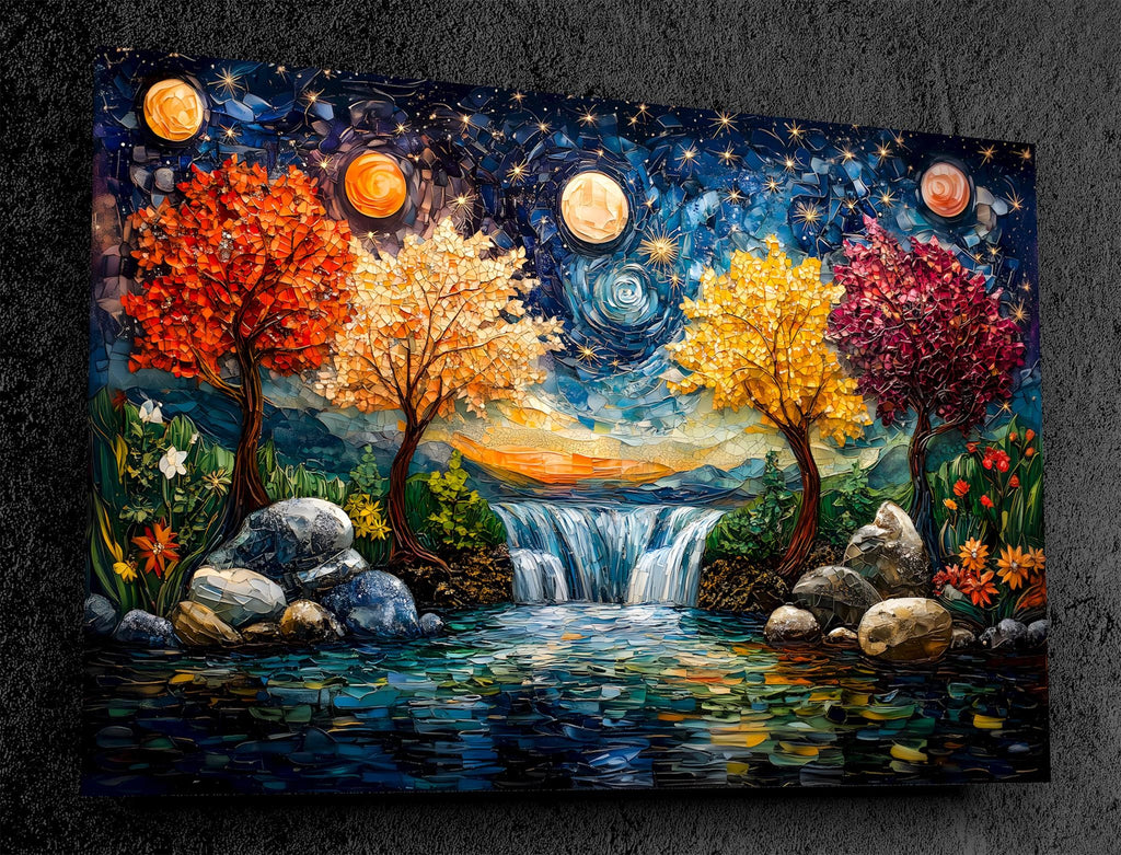 Four Seasons Mosaic Wall Art: 3D Acrylglass Waterfall Landscape