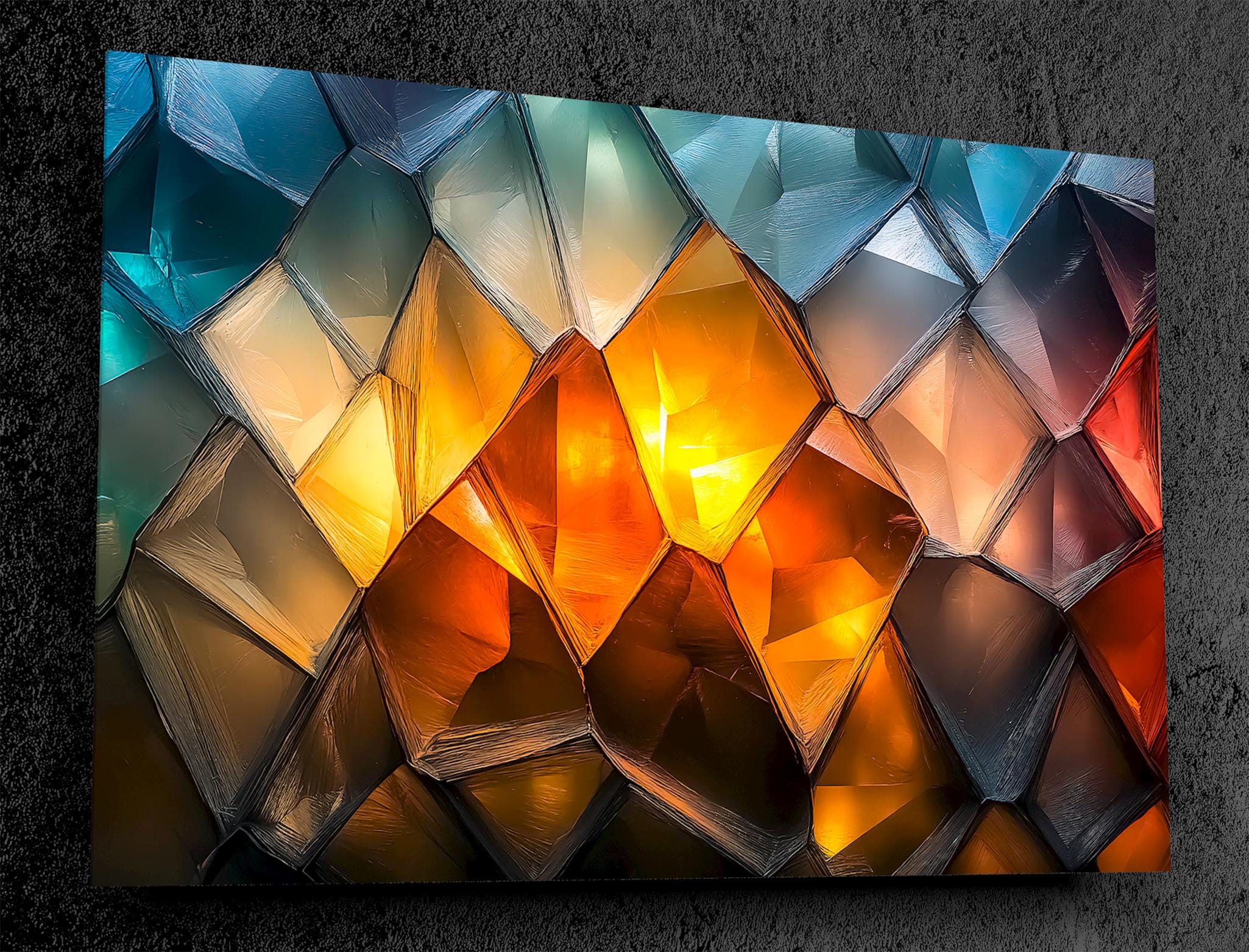 Luxury Abstract Acrylic Glass Wall Art: Golden Ember & Blue Decor