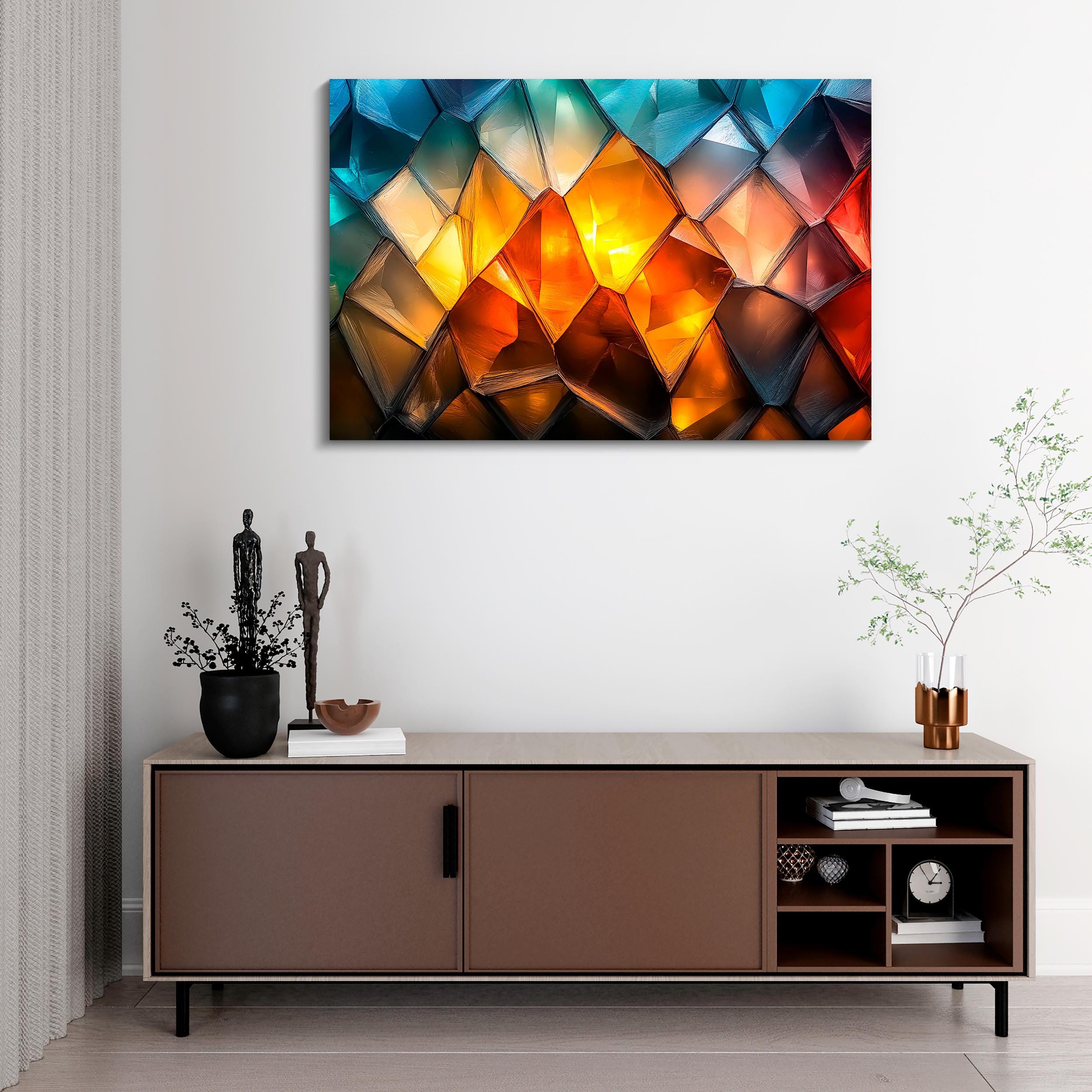 Luxury Abstract Acrylic Glass Wall Art: Golden Ember & Blue Decor