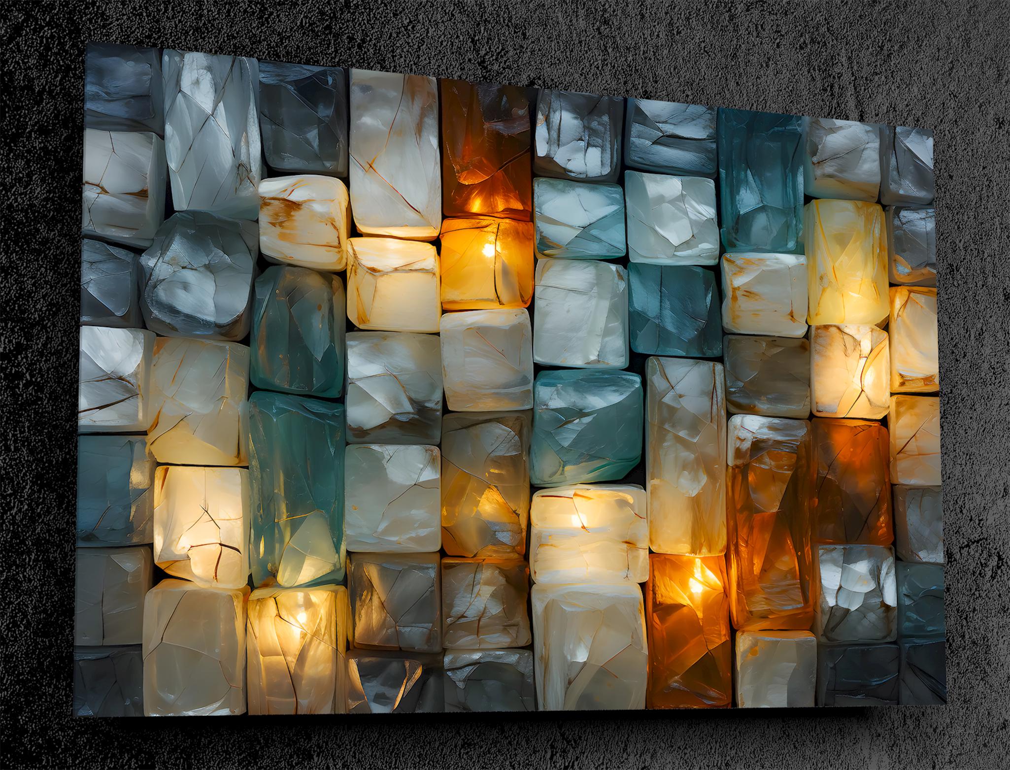 Ethereal Glow Acrylic Glass Wall Art: Teal Turquoise Amber Mosaic