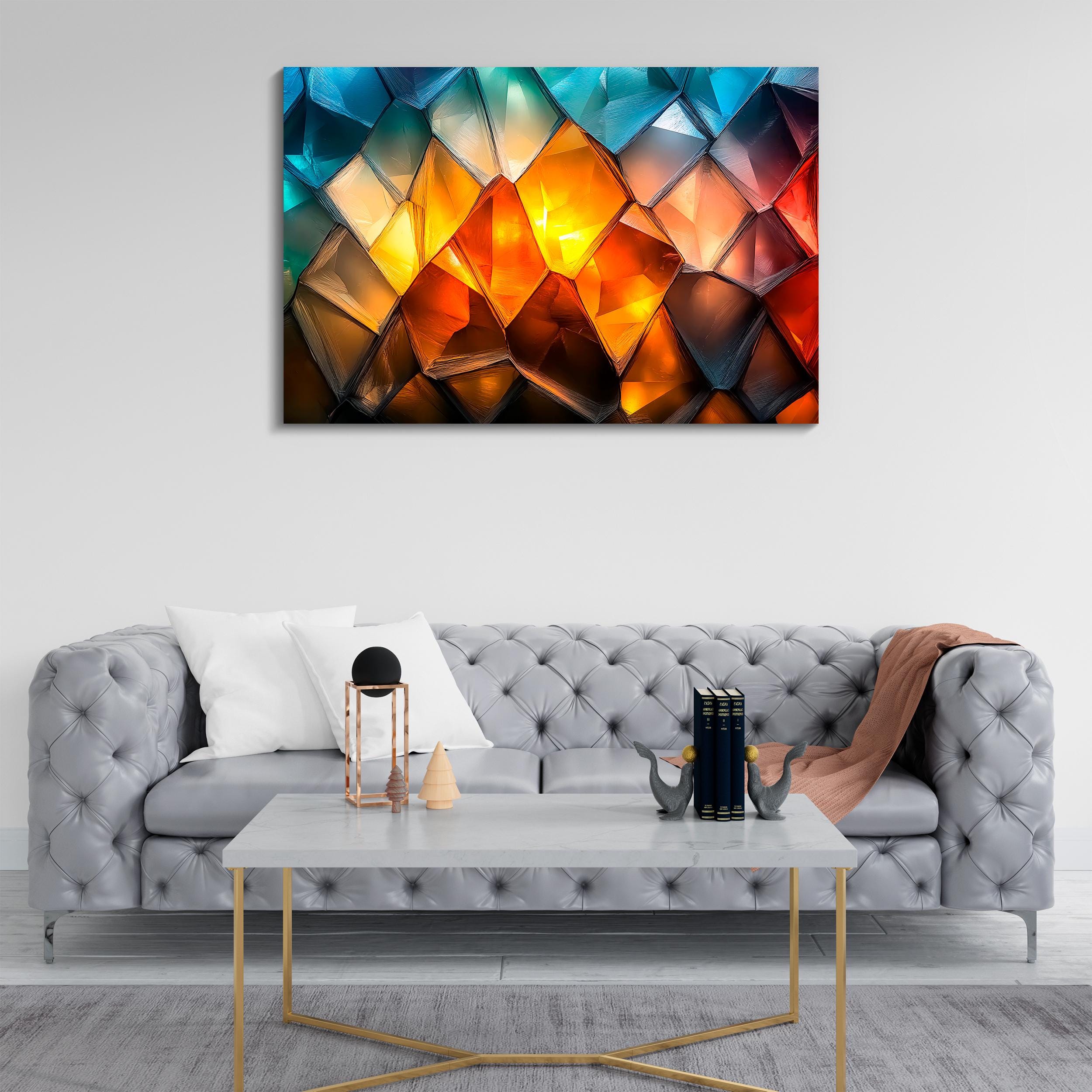 Luxury Abstract Acrylic Glass Wall Art: Golden Ember & Blue Decor