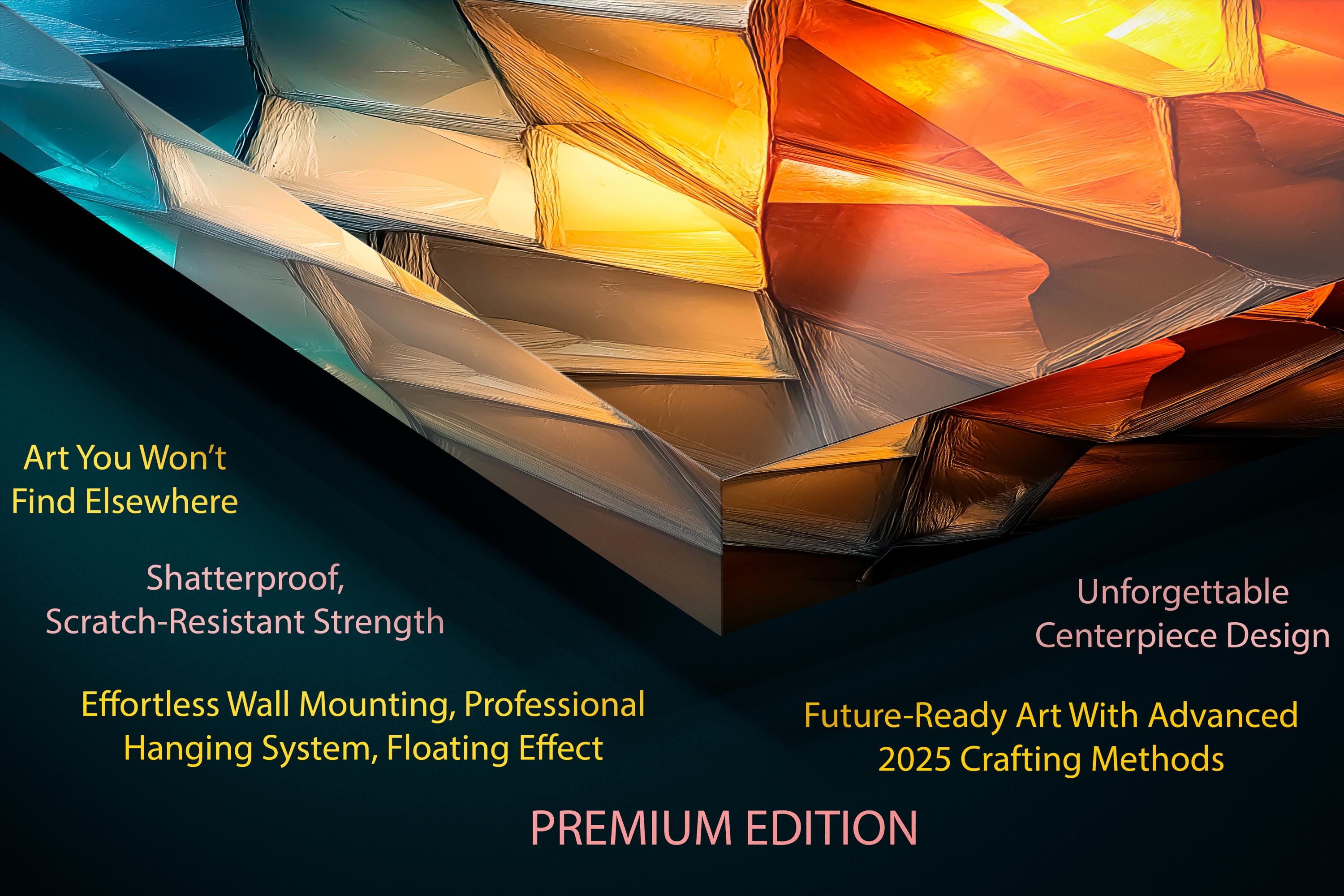 Luxury Abstract Acrylic Glass Wall Art: Golden Ember & Blue Decor