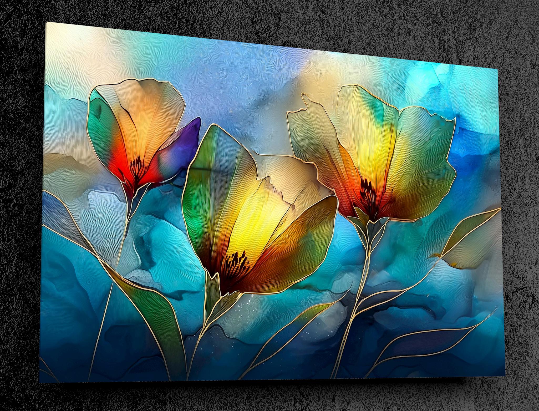 Golden Poppy Crystal AcrylicGlass Wall Art: Luxury Floral Decor