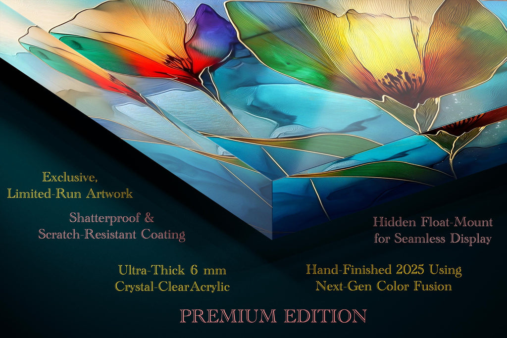Golden Poppy Crystal AcrylicGlass Wall Art: Luxury Floral Decor