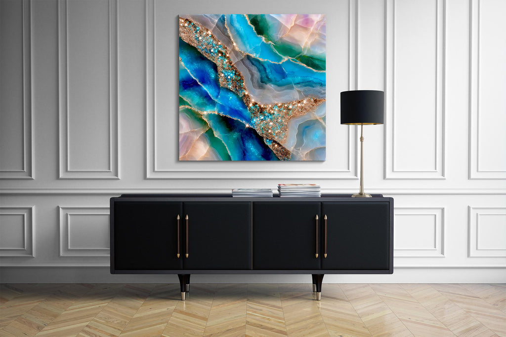 Aquamarine Crystal AcrylGlass Wall Art: Celestial Azure Rivers 3D Gemstone Panel