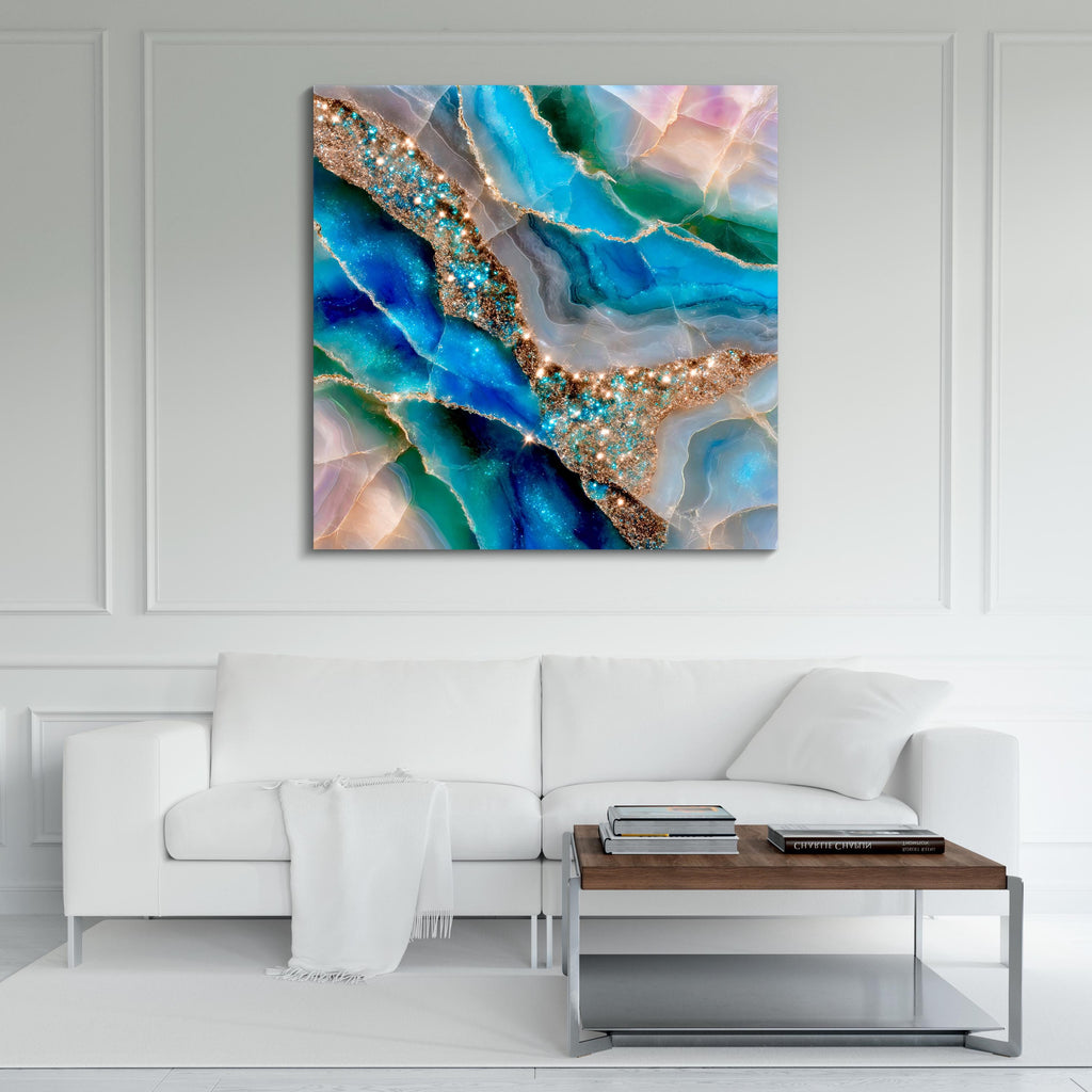 Aquamarine Crystal AcrylGlass Wall Art: Celestial Azure Rivers 3D Gemstone Panel
