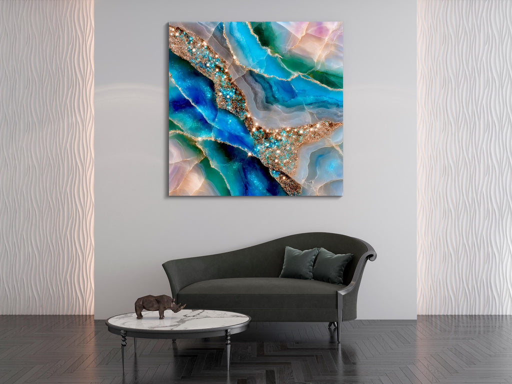 Aquamarine Crystal AcrylGlass Wall Art: Celestial Azure Rivers 3D Gemstone Panel