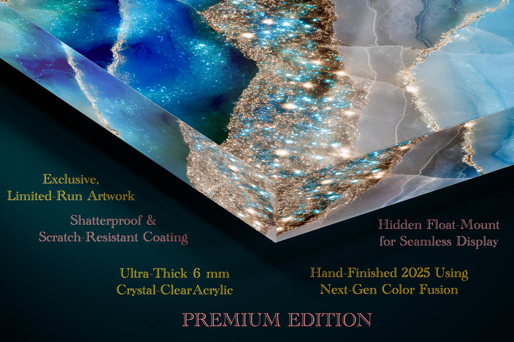 Aquamarine Crystal AcrylGlass Wall Art: Celestial Azure Rivers 3D Gemstone Panel