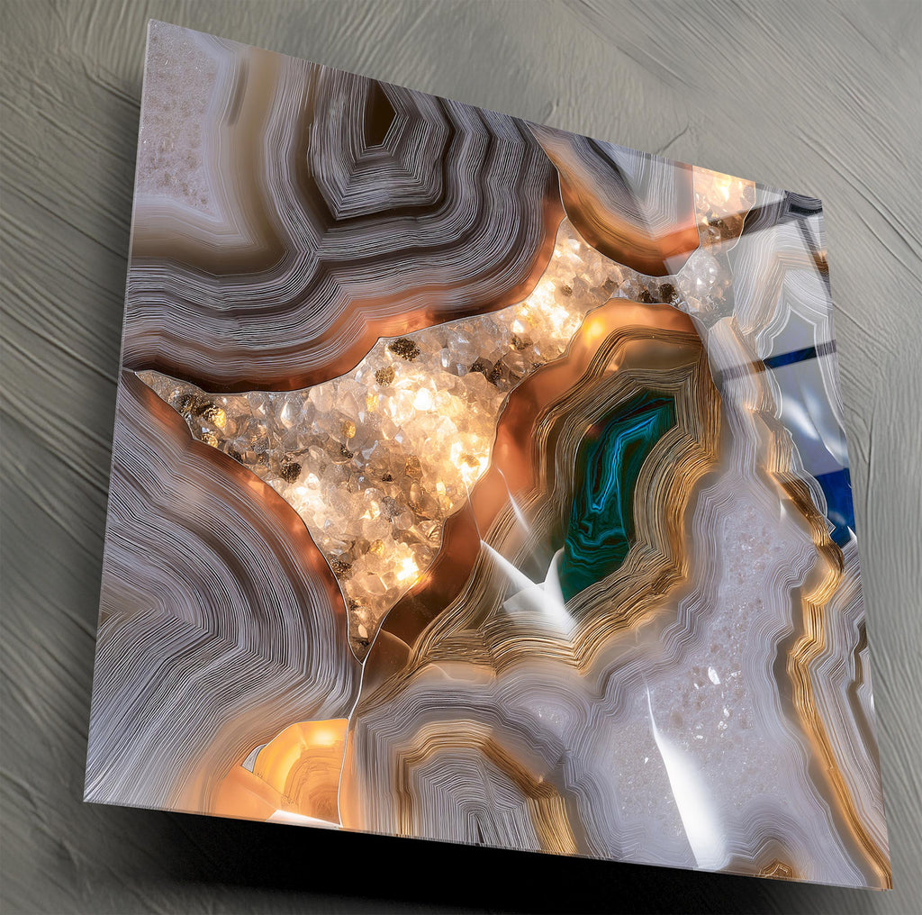 Teal & Gold Agate Geode Acrylic Glass Wall Art: Modern Luxury Panel