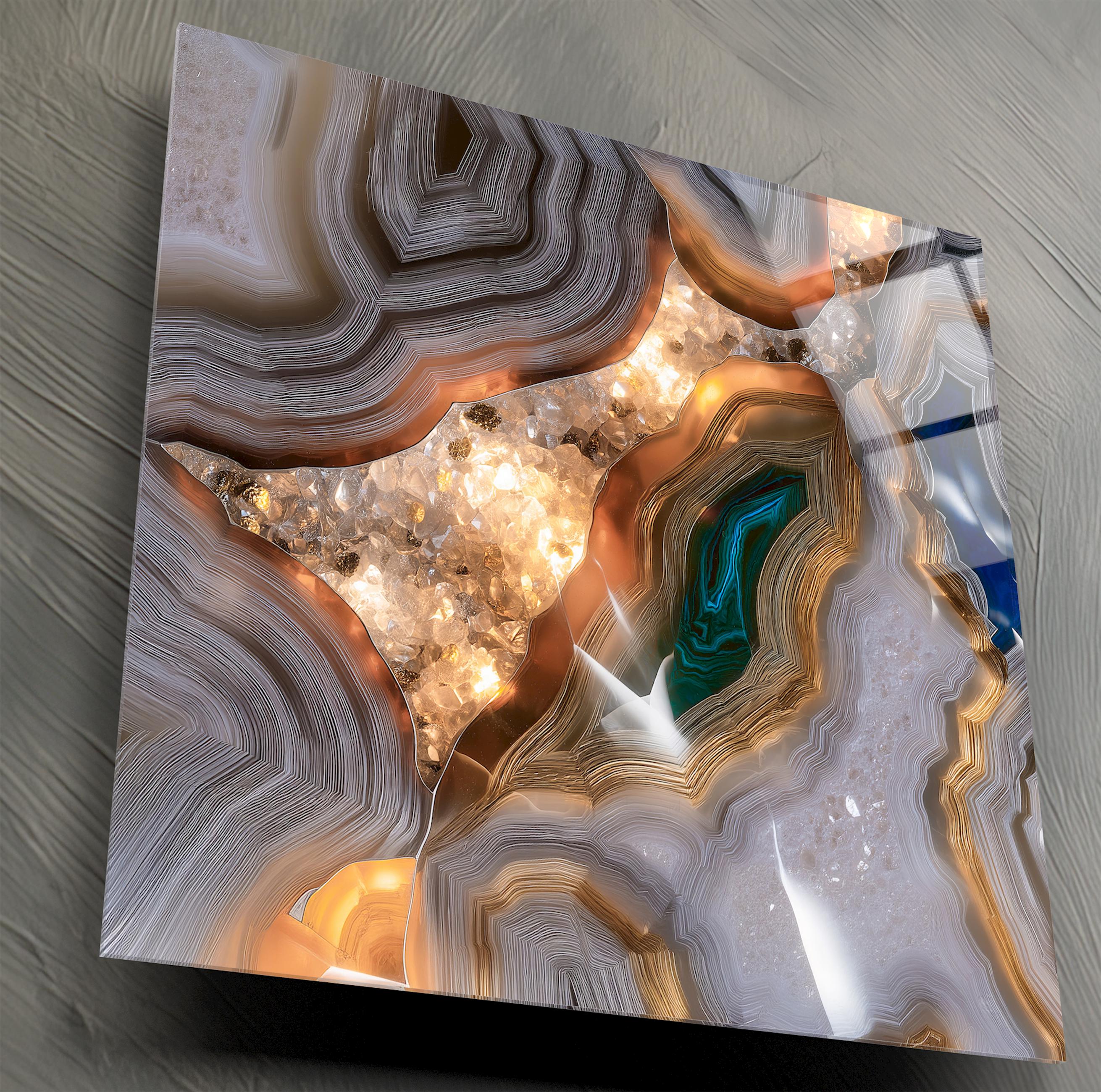 Teal & Gold Agate Geode Acrylic Glass Wall Art: Modern Luxury Panel