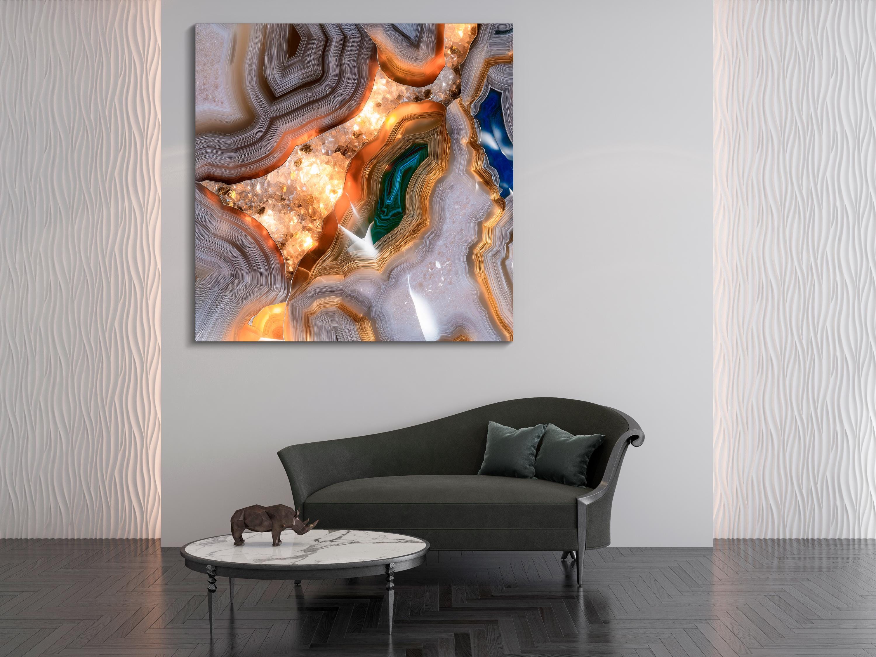 Teal & Gold Agate Geode Acrylic Glass Wall Art: Modern Luxury Panel