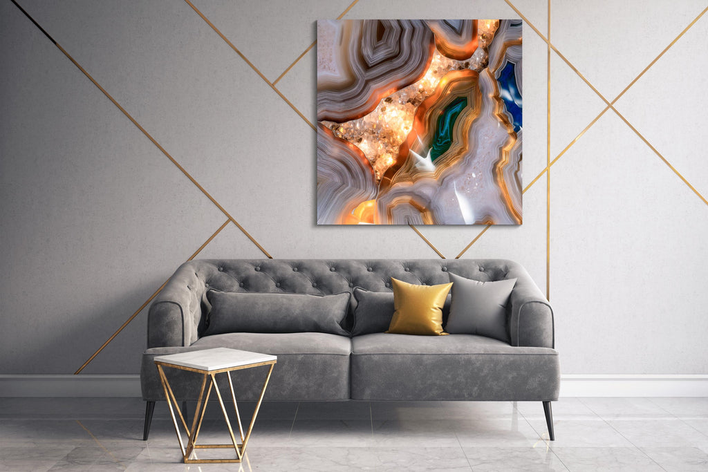Teal & Gold Agate Geode Acrylic Glass Wall Art: Modern Luxury Panel