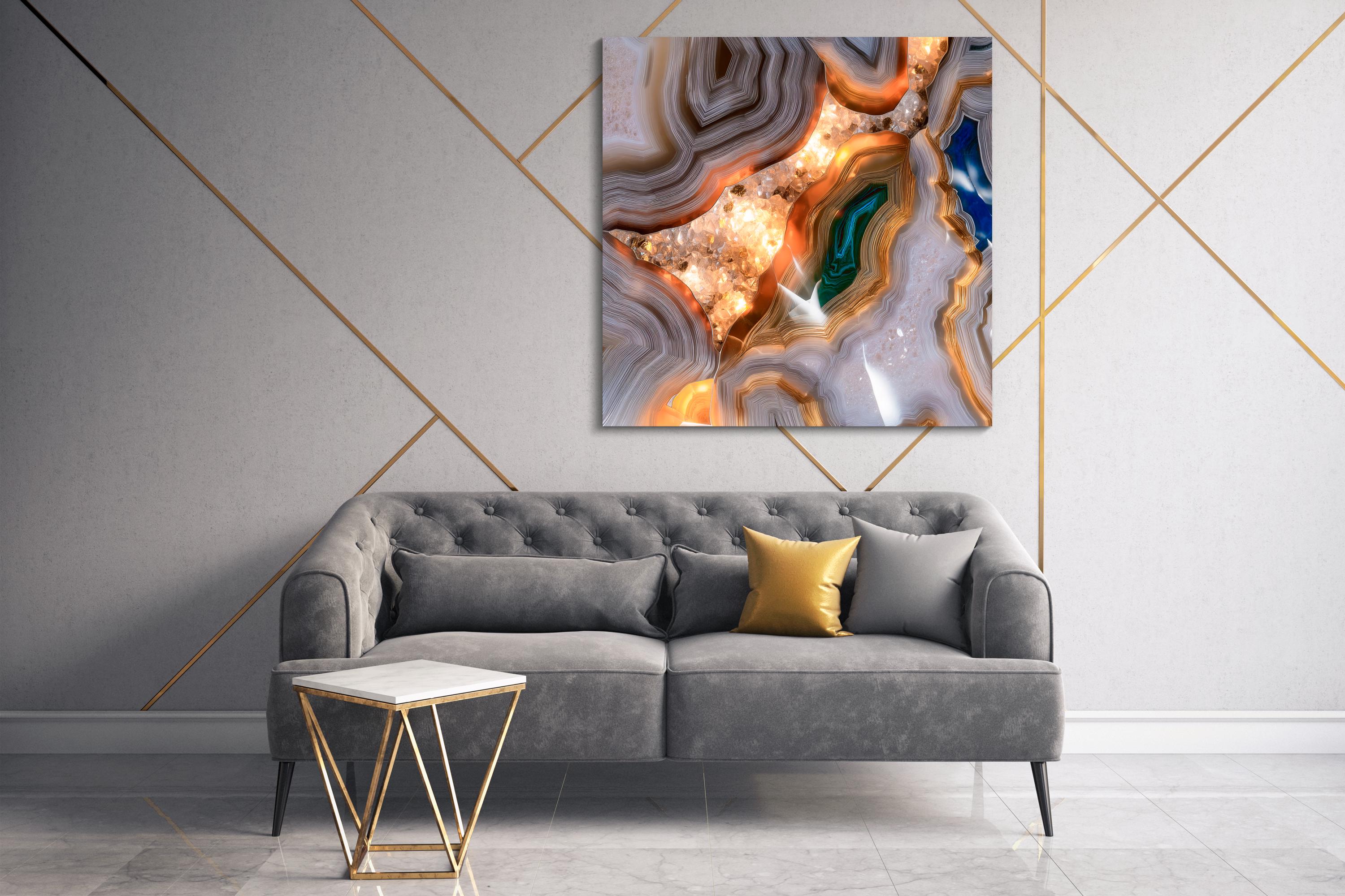 Teal & Gold Agate Geode Acrylic Glass Wall Art: Modern Luxury Panel