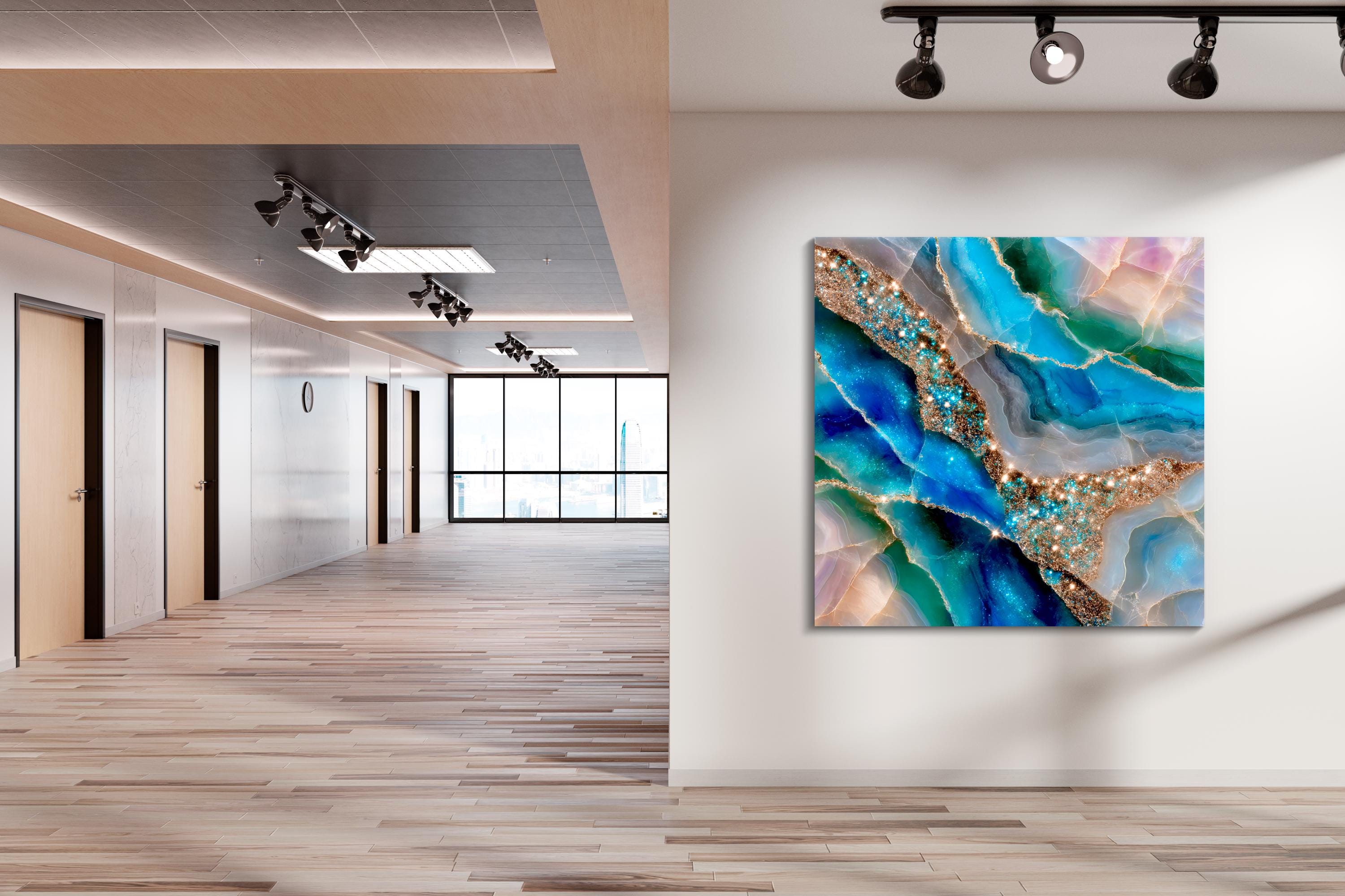 Aquamarine Crystal AcrylGlass Wall Art: Celestial Azure Rivers 3D Gemstone Panel