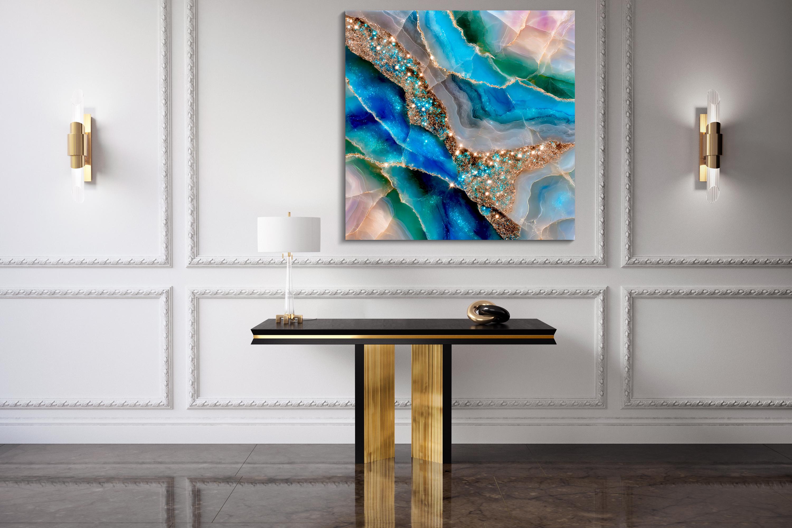 Aquamarine Crystal AcrylGlass Wall Art: Celestial Azure Rivers 3D Gemstone Panel