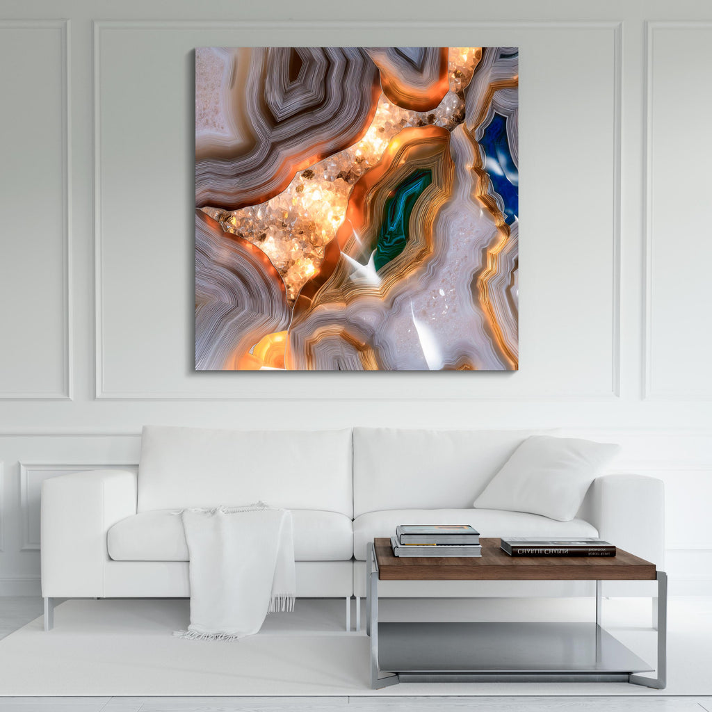 Teal & Gold Agate Geode Acrylic Glass Wall Art: Modern Luxury Panel