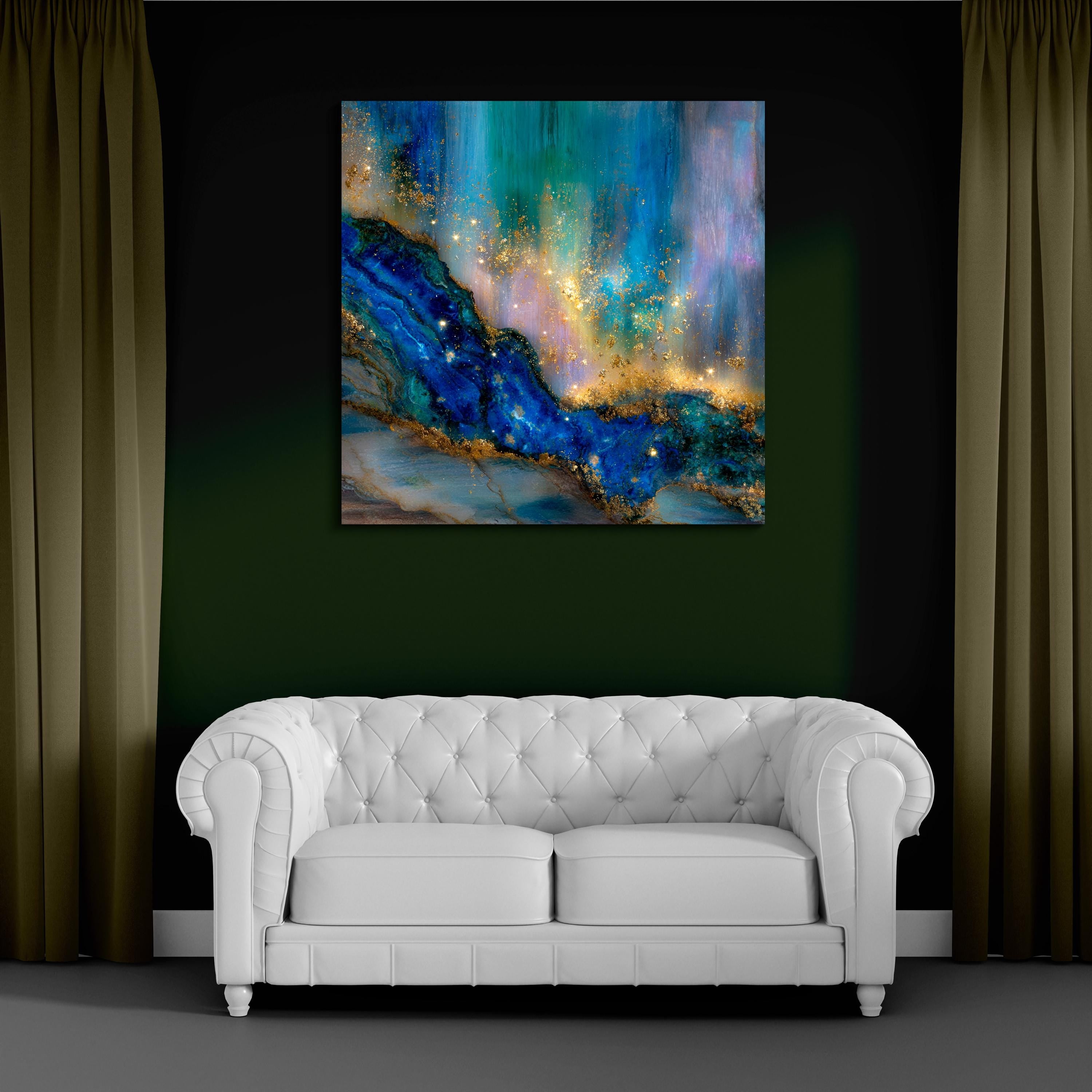 Crystal AcrylGlass Deep Blue Gemstone Wall Art with Gold Accents up to 60×60″