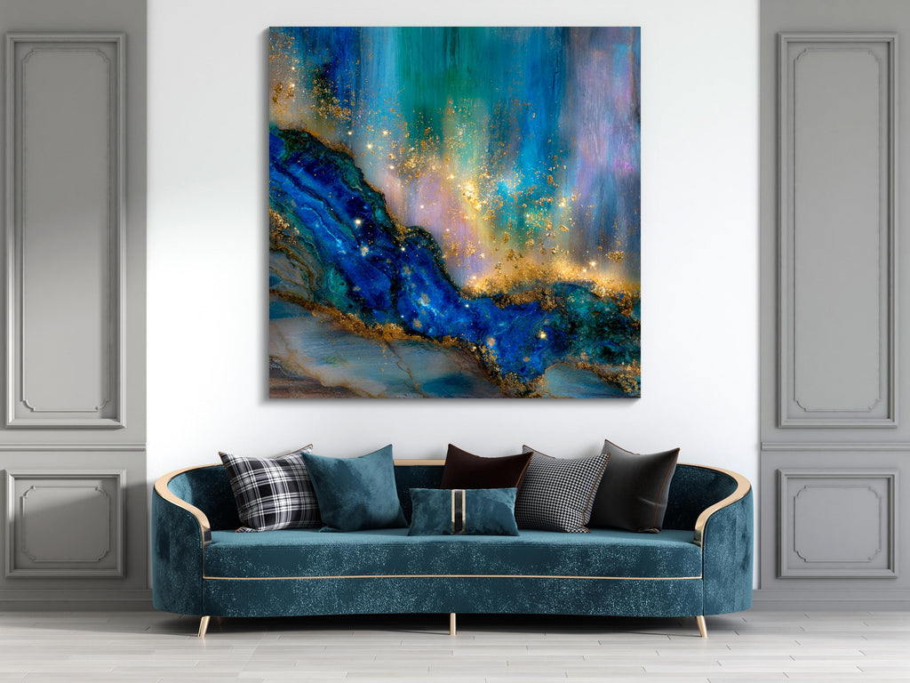 Crystal AcrylGlass Deep Blue Gemstone Wall Art with Gold Accents up to 60×60″