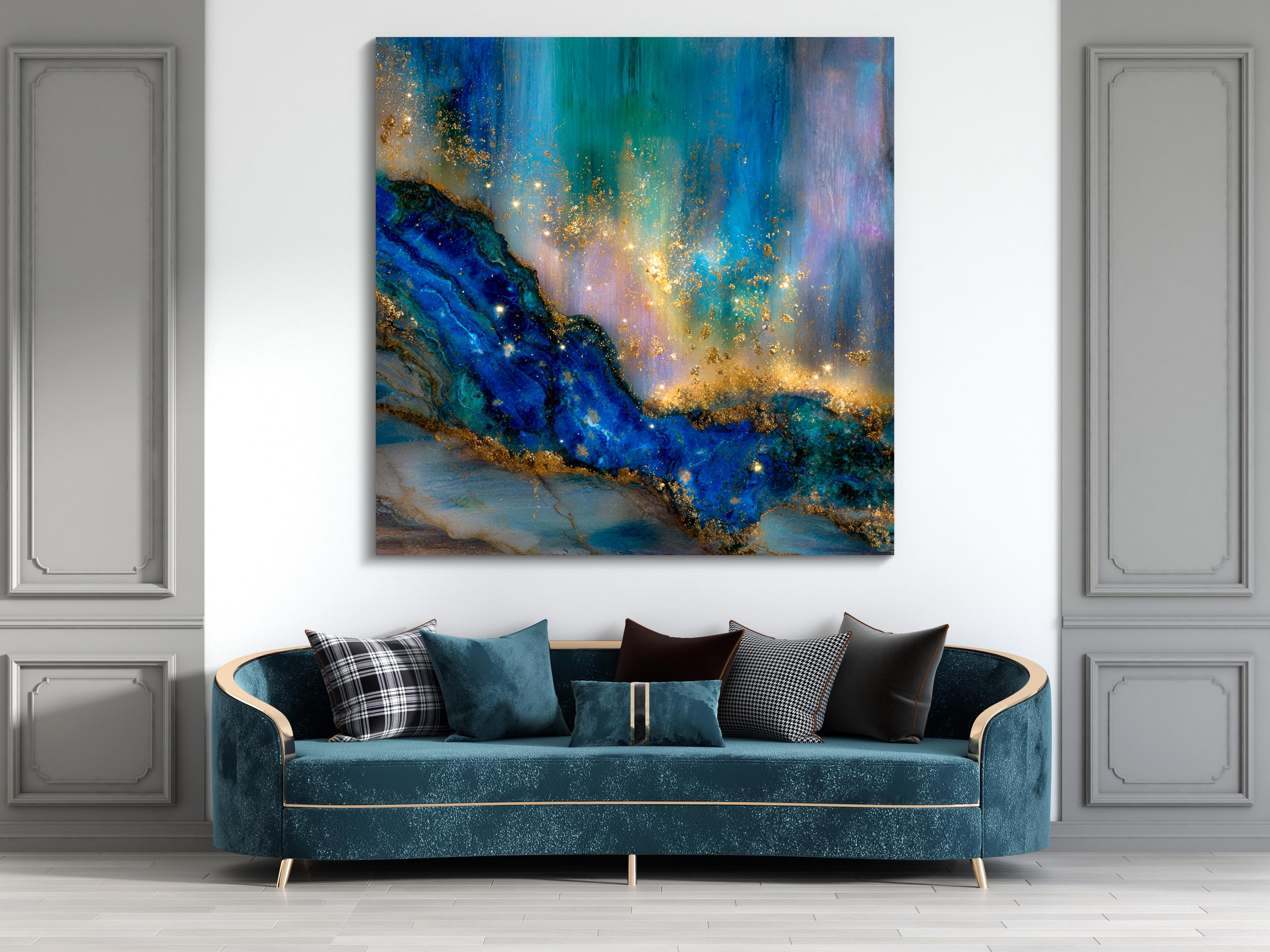 Crystal AcrylGlass Deep Blue Gemstone Wall Art with Gold Accents up to 60×60″