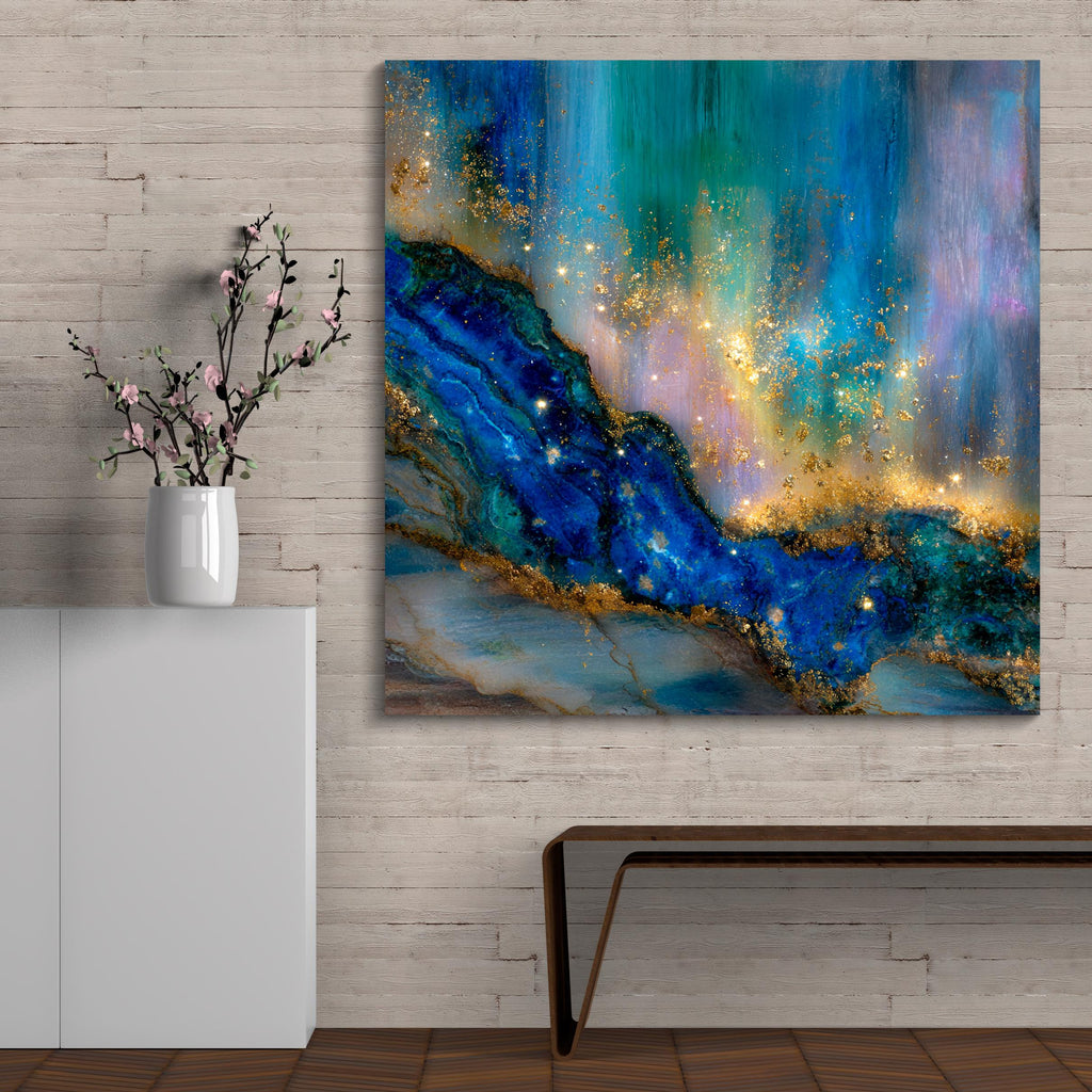 Crystal AcrylGlass Deep Blue Gemstone Wall Art with Gold Accents up to 60×60″