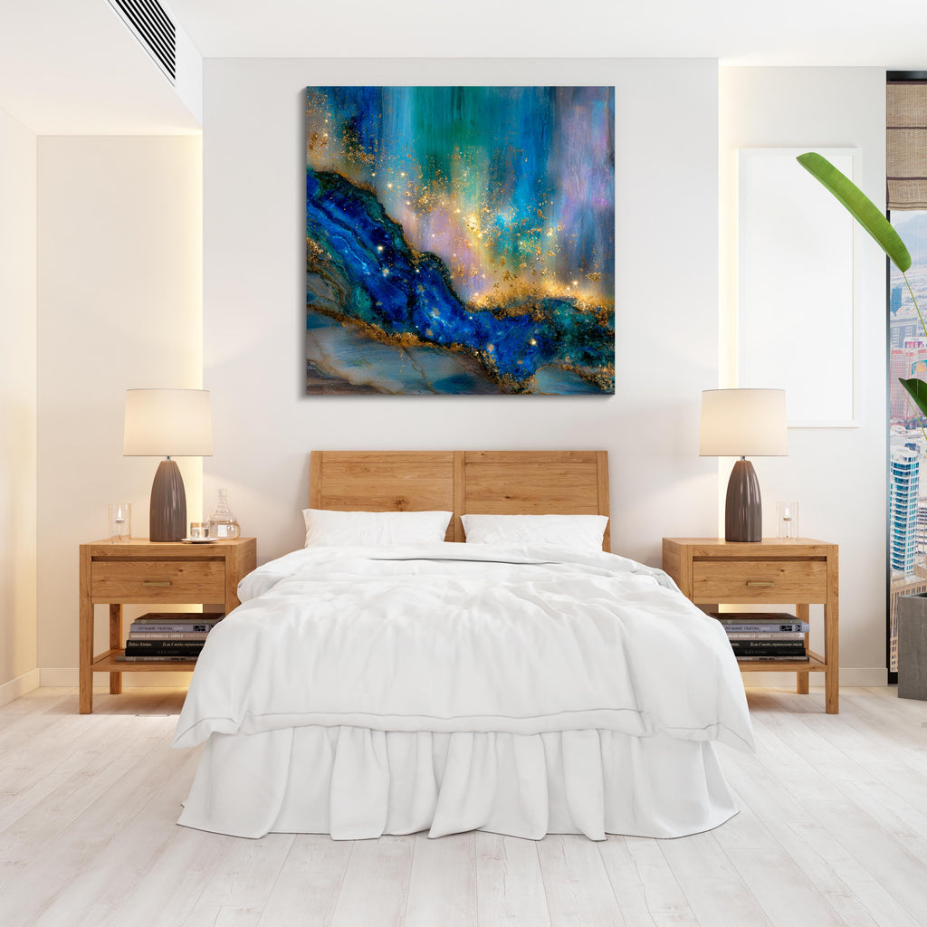 Crystal AcrylGlass Deep Blue Gemstone Wall Art with Gold Accents up to 60×60″