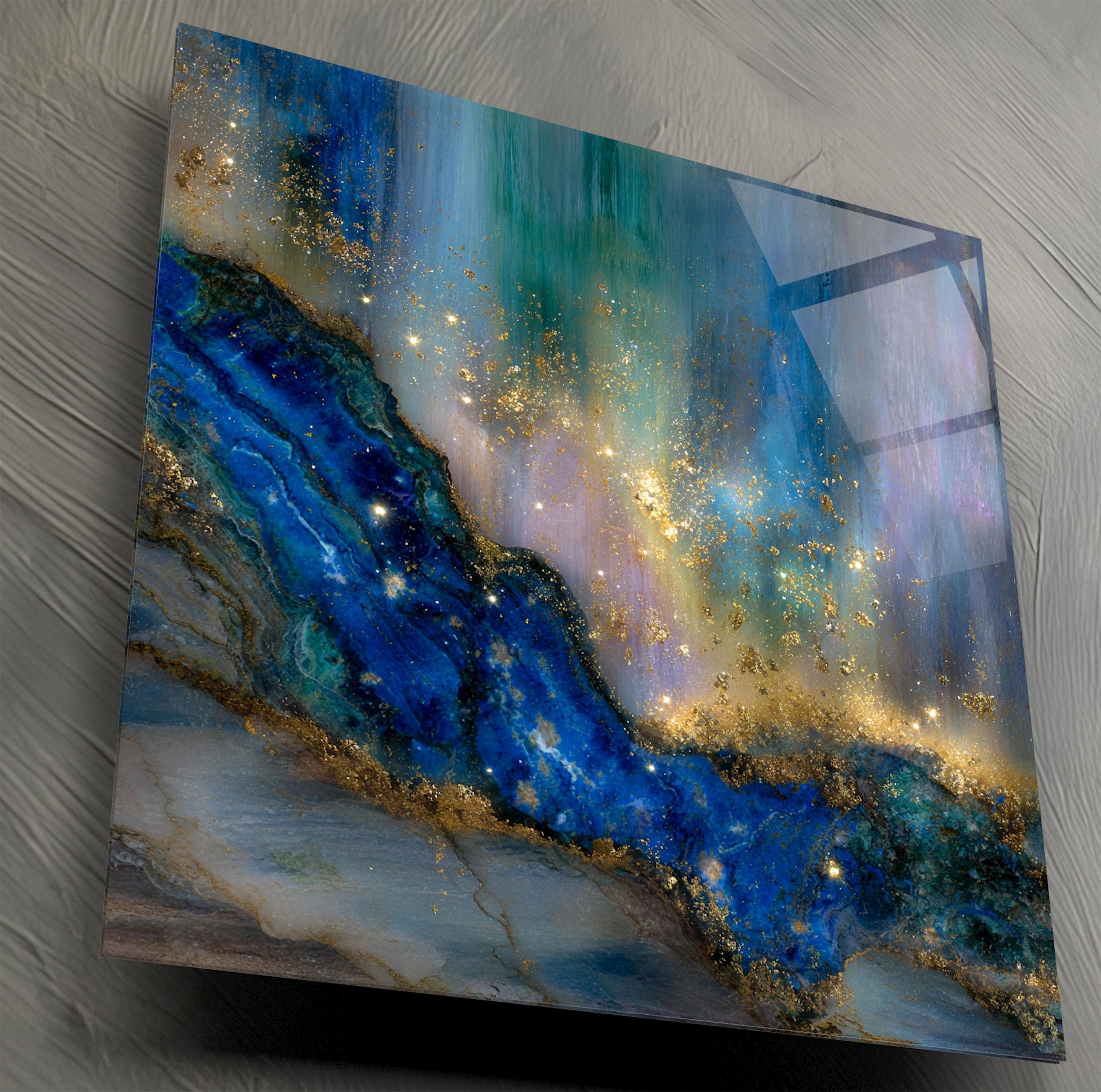 Crystal AcrylGlass Deep Blue Gemstone Wall Art with Gold Accents up to 60×60″