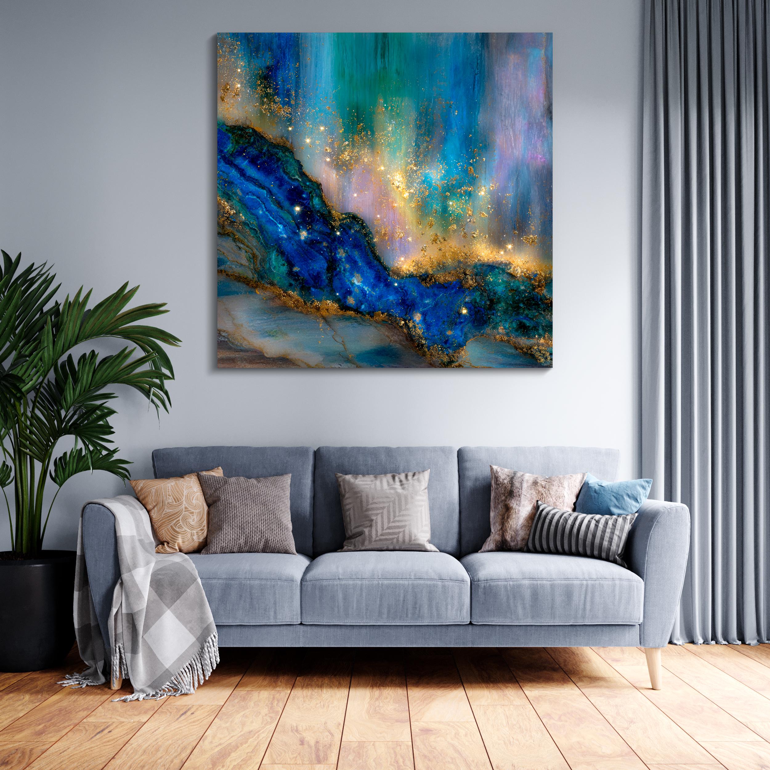 Crystal AcrylGlass Deep Blue Gemstone Wall Art with Gold Accents up to 60×60″