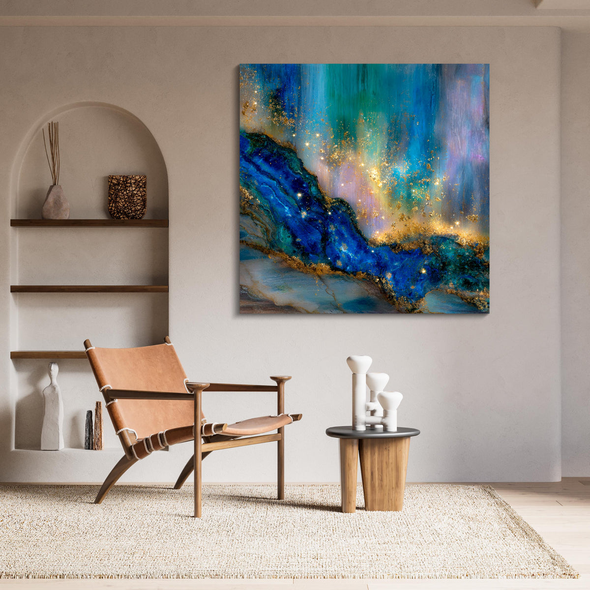 Crystal AcrylGlass Deep Blue Gemstone Wall Art with Gold Accents up to 60×60″