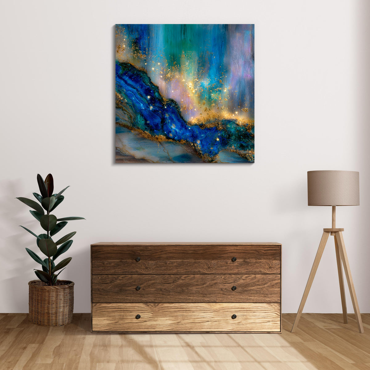 Crystal AcrylGlass Deep Blue Gemstone Wall Art with Gold Accents up to 60×60″