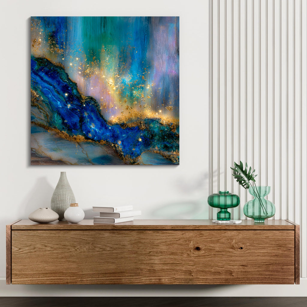 Crystal AcrylGlass Deep Blue Gemstone Wall Art with Gold Accents up to 60×60″