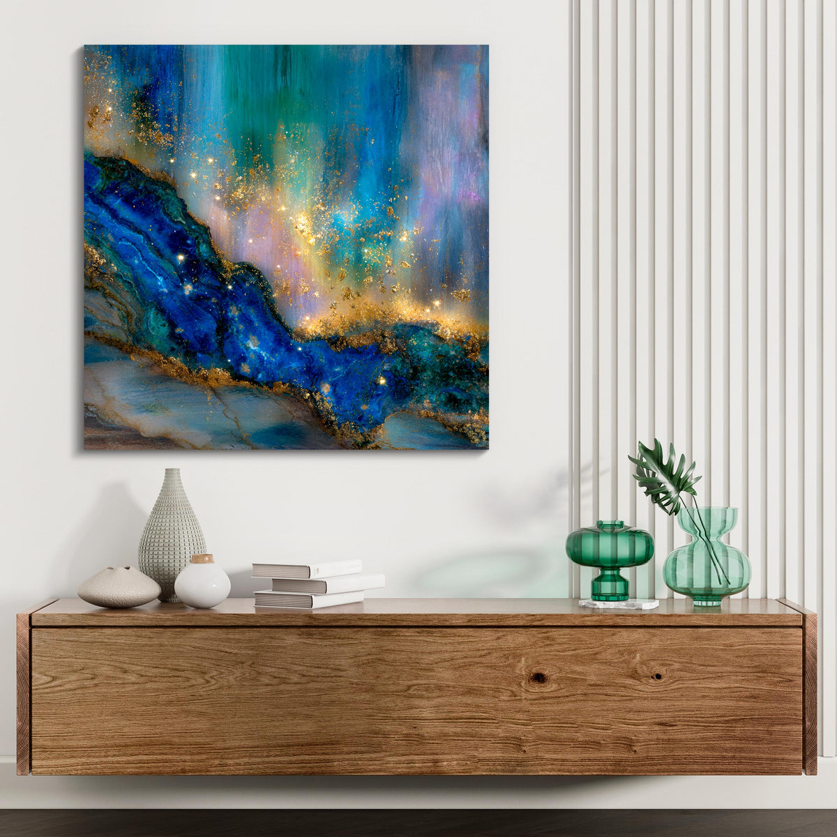 Crystal AcrylGlass Deep Blue Gemstone Wall Art with Gold Accents up to 60×60″
