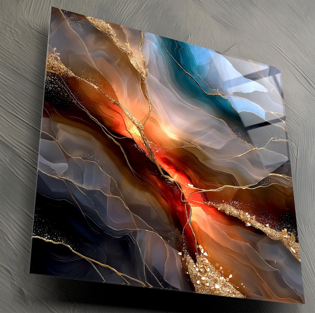 Abstract Geode AcrylGlass Wall Art: Auric Riftfire, Modern Teal Gold Decor
