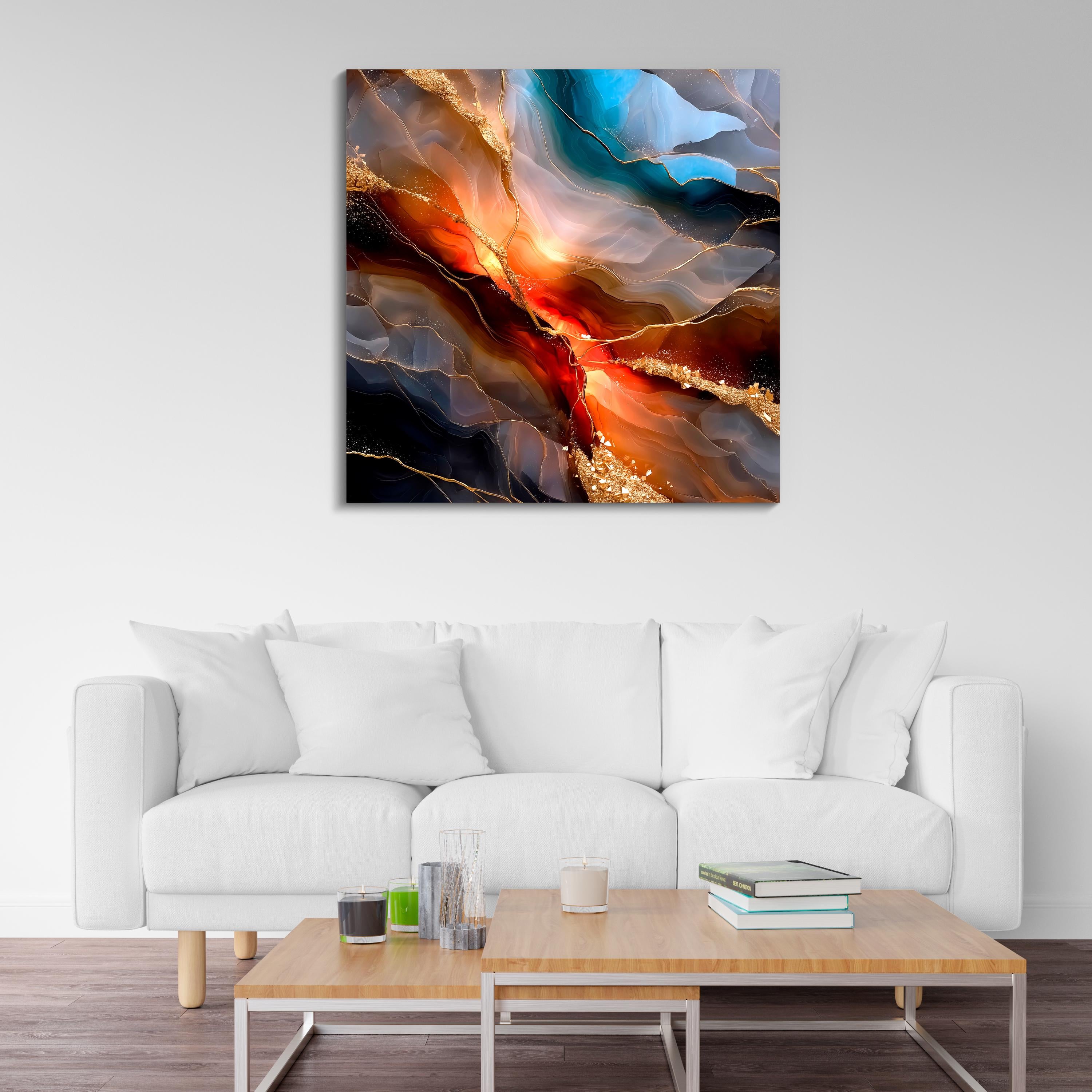Abstract Geode AcrylGlass Wall Art: Auric Riftfire, Modern Teal Gold Decor