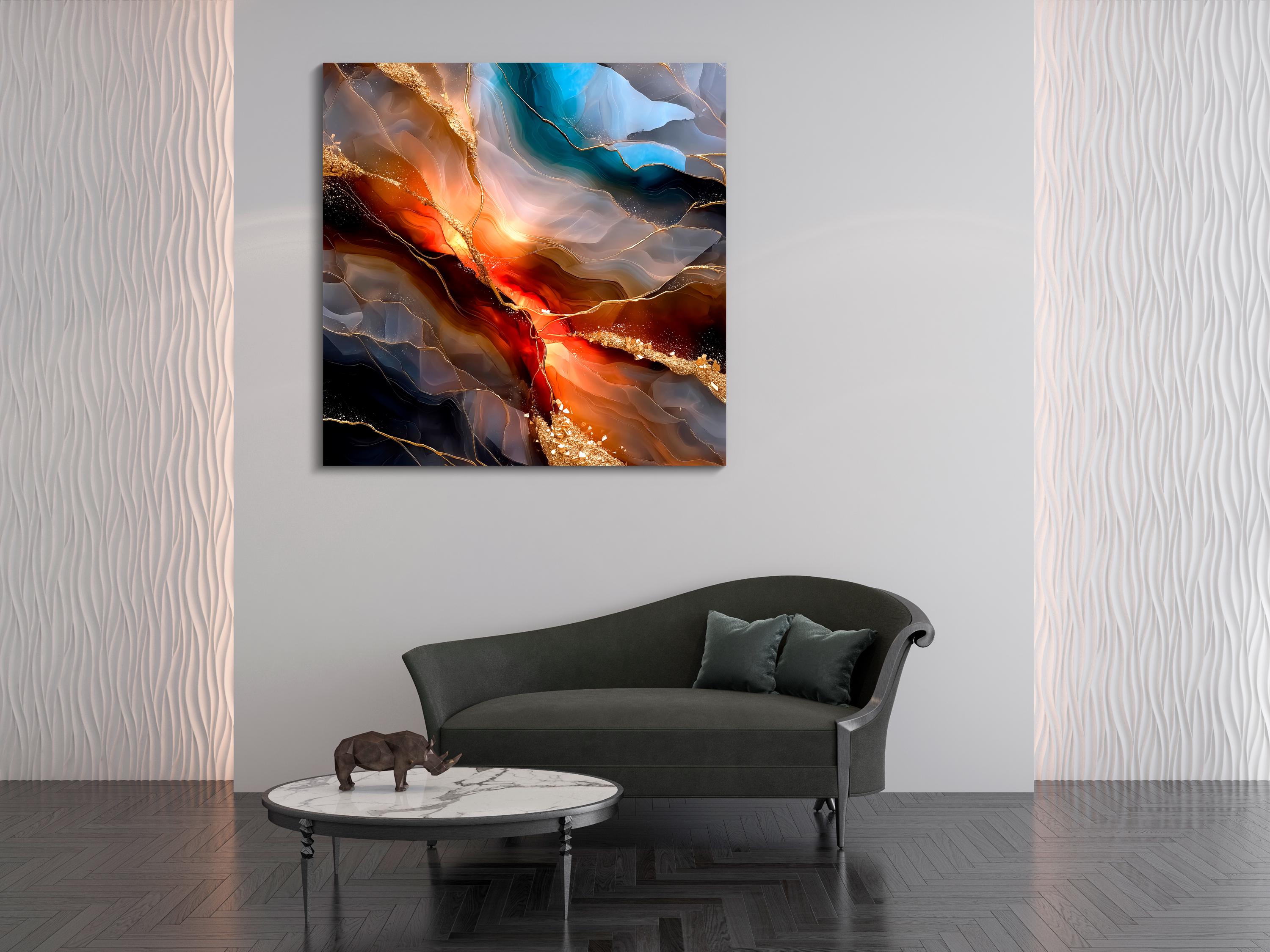 Abstract Geode AcrylGlass Wall Art: Auric Riftfire, Modern Teal Gold Decor