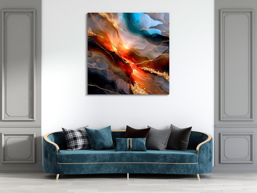Abstract Geode AcrylGlass Wall Art: Auric Riftfire, Modern Teal Gold Decor