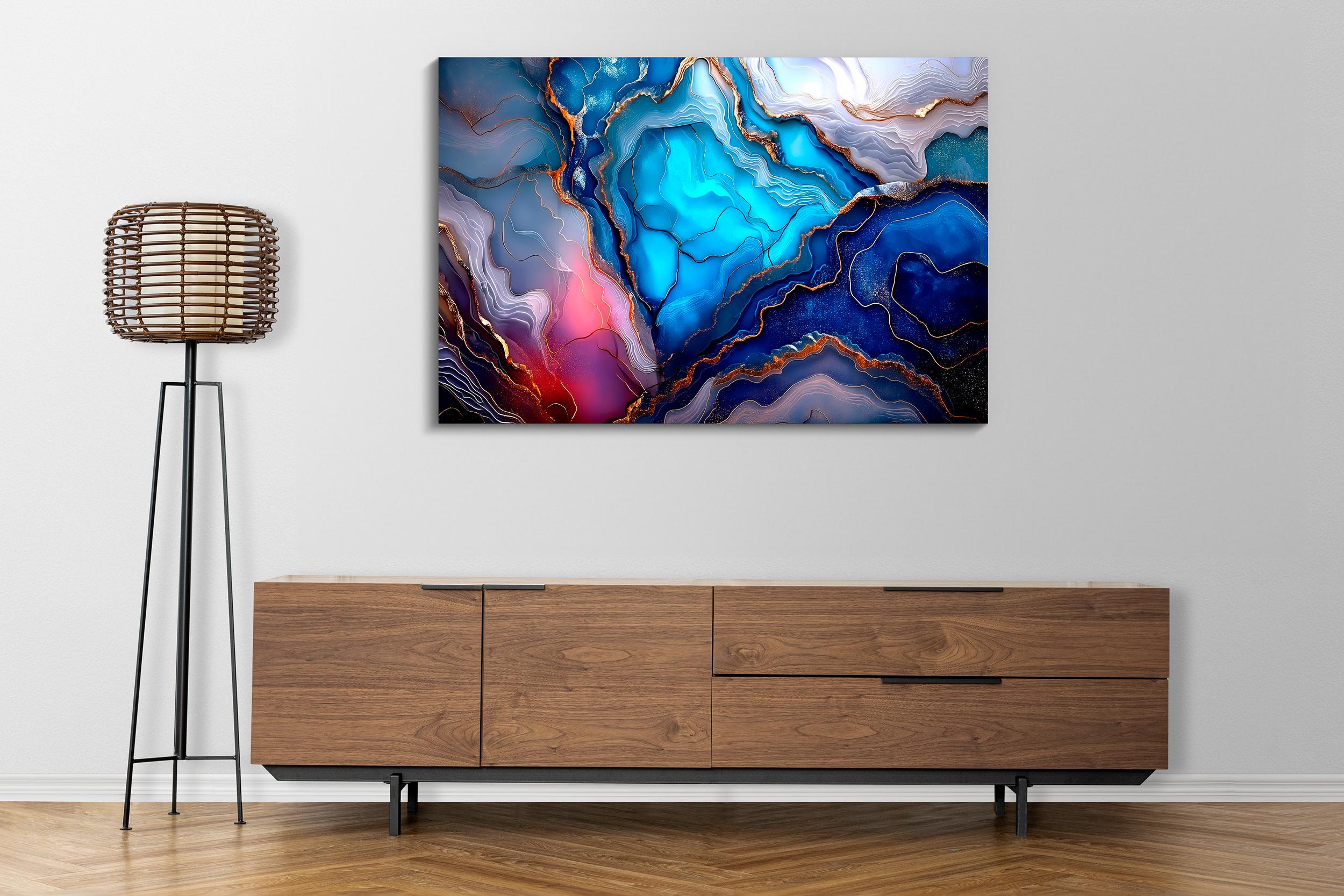Blue Geode Crystal AcrylGlass Wall Art: Celestial Lagoon Luxury Abstract