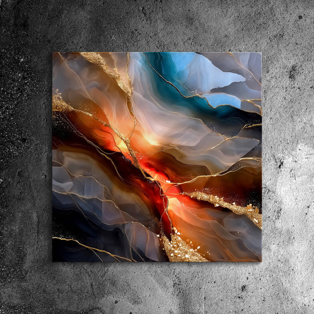 Abstract Geode AcrylGlass Wall Art: Auric Riftfire, Modern Teal Gold Decor