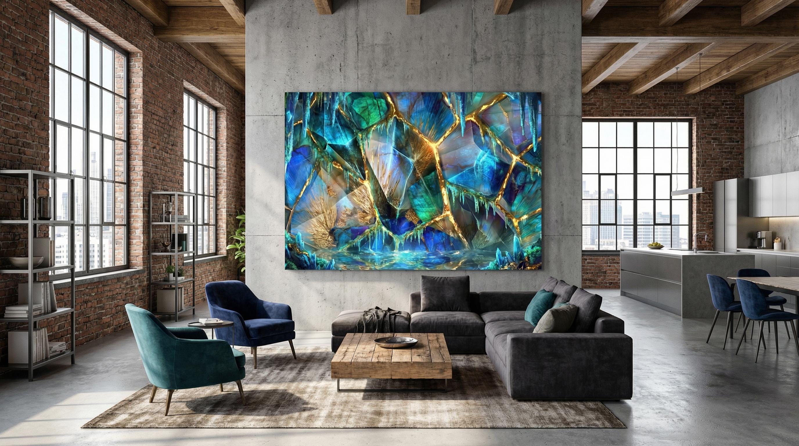 Arctic Gilt Crystal AcrylGlass Wall Art: Frozen Patina Blue & Gold Vein Decor
