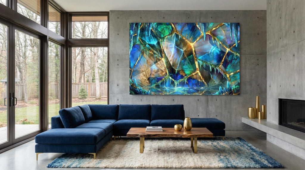 Arctic Gilt Crystal AcrylGlass Wall Art: Frozen Patina Blue & Gold Vein Decor